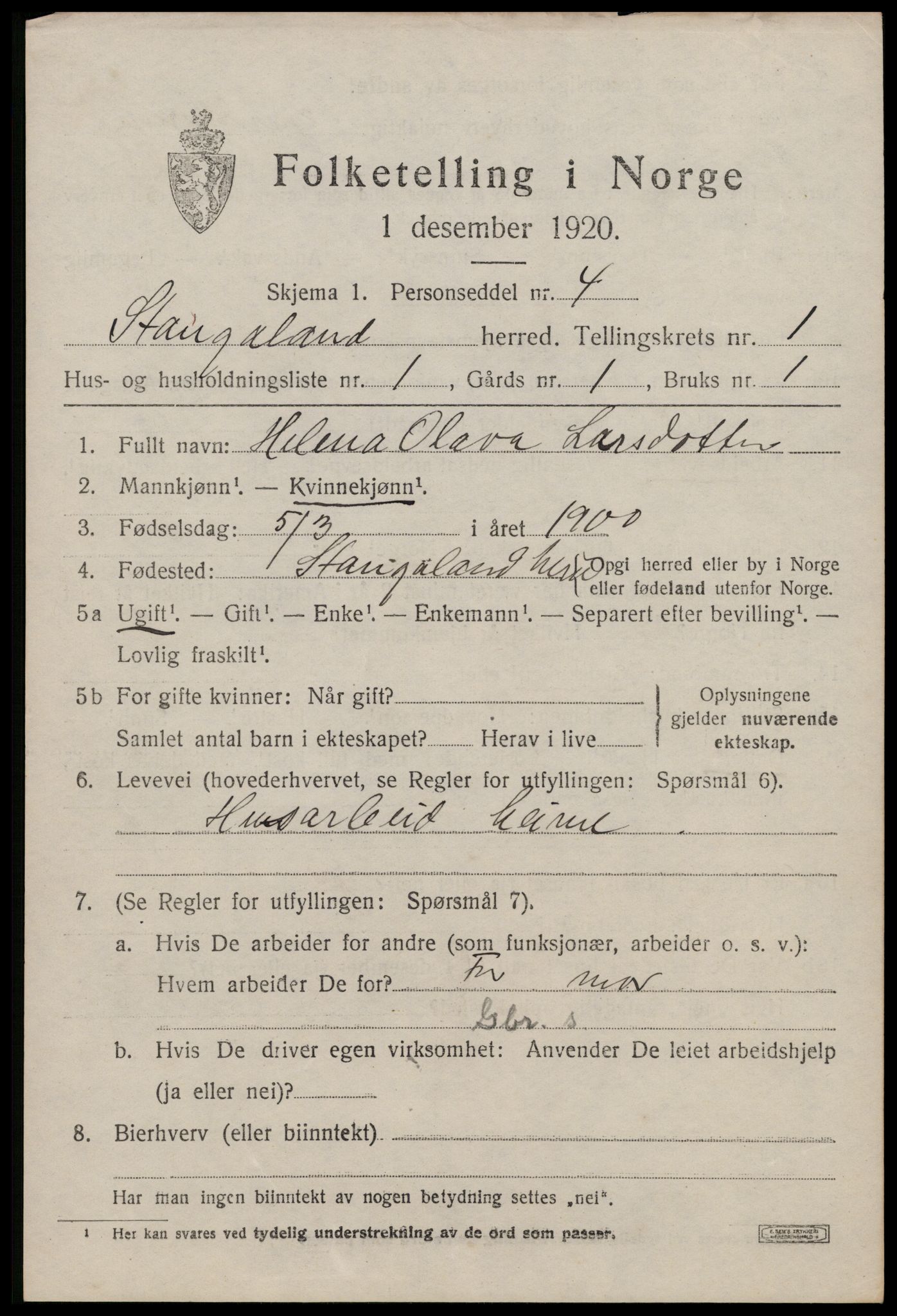 SAST, 1920 census for Stangaland, 1920, p. 589