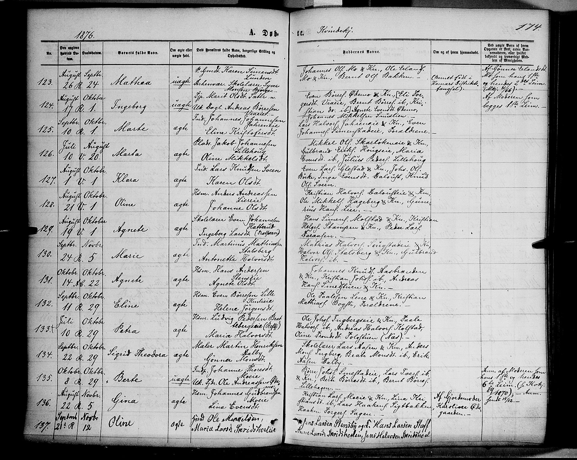 Ringsaker prestekontor, SAH/PREST-014/K/Ka/L0011: Parish register (official) no. 11, 1870-1878, p. 174