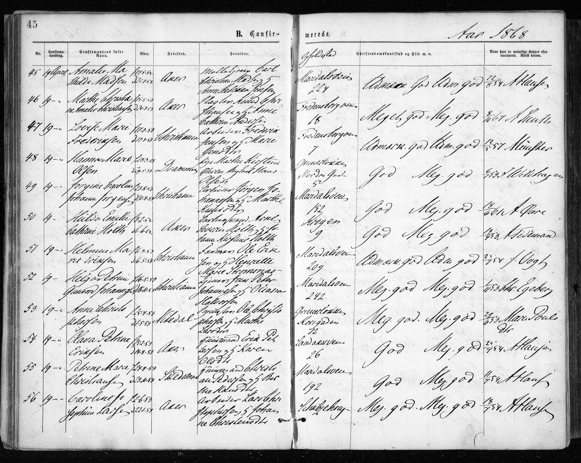 Gamle Aker prestekontor Kirkebøker, AV/SAO-A-10617a/F/L0003: Parish register (official) no. 3, 1865-1873, p. 45