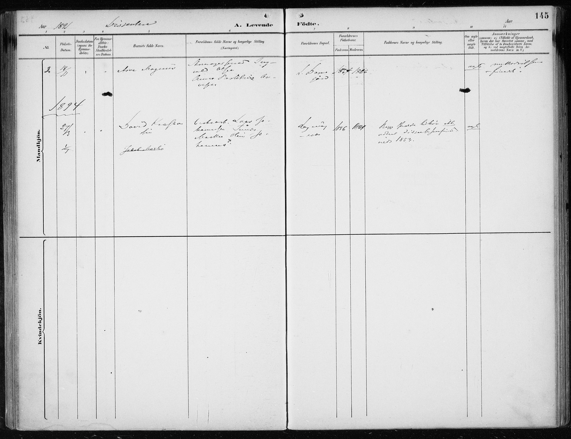 Askøy Sokneprestembete, SAB/A-74101/H/Ha/Haa/Haae/L0003: Parish register (official) no. E 3, 1891-1903, p. 145