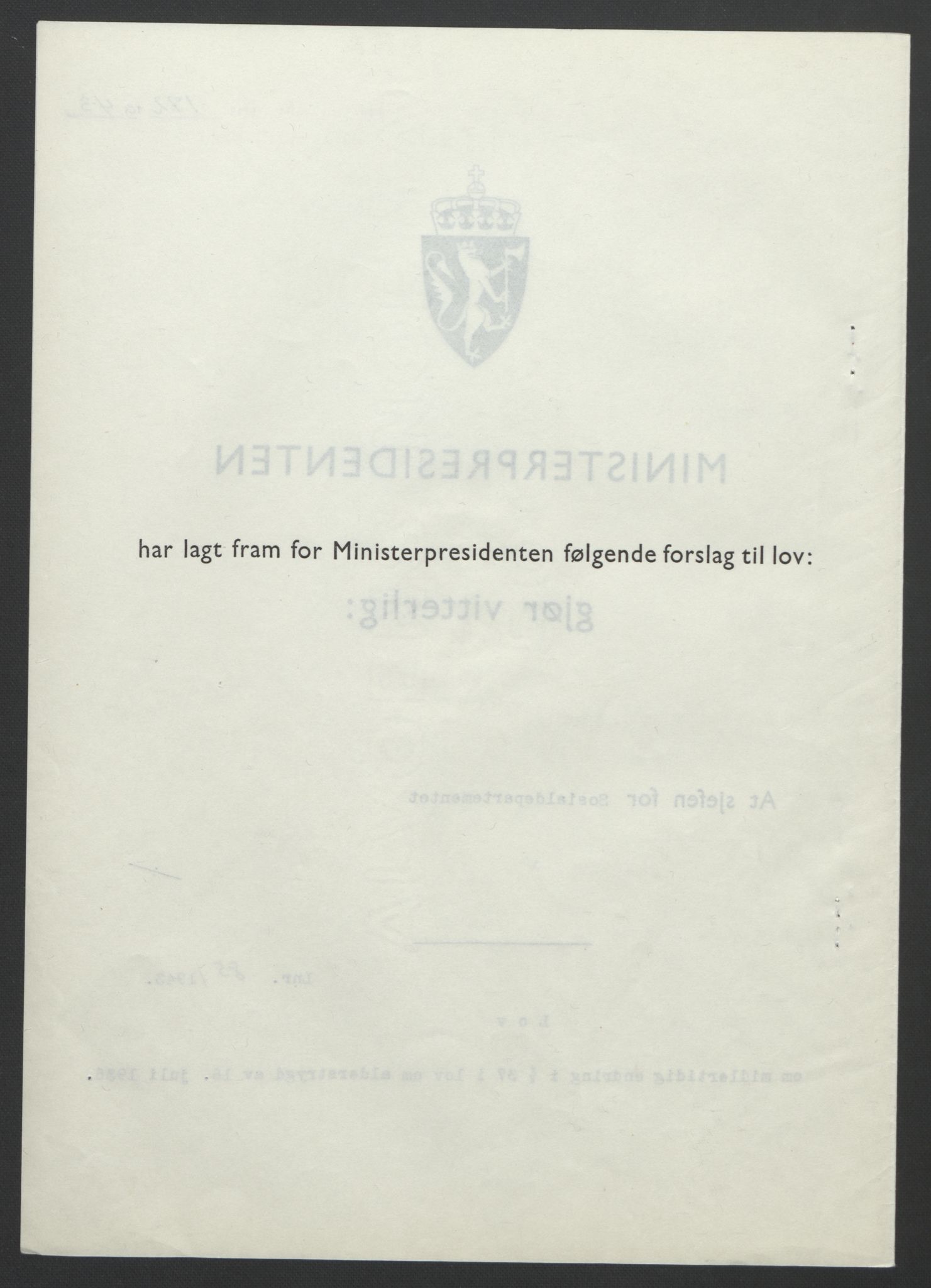 NS-administrasjonen 1940-1945 (Statsrådsekretariatet, de kommisariske statsråder mm), RA/S-4279/D/Db/L0099: Lover, 1943, p. 389