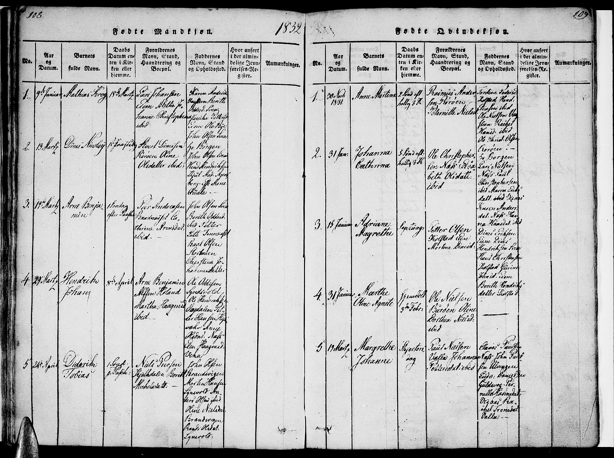 Ministerialprotokoller, klokkerbøker og fødselsregistre - Nordland, AV/SAT-A-1459/816/L0239: Parish register (official) no. 816A05, 1820-1845, p. 108-109