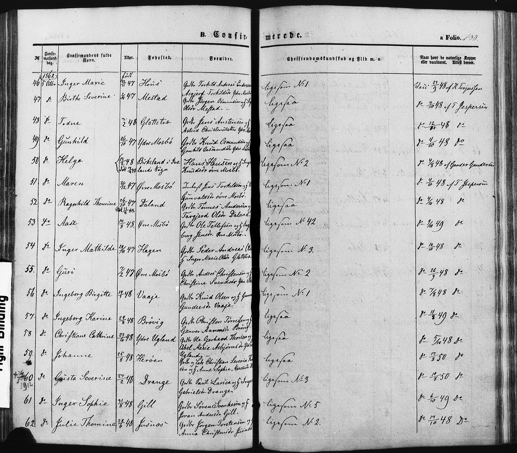 Oddernes sokneprestkontor, SAK/1111-0033/F/Fa/Faa/L0007: Parish register (official) no. A 7, 1851-1863, p. 130