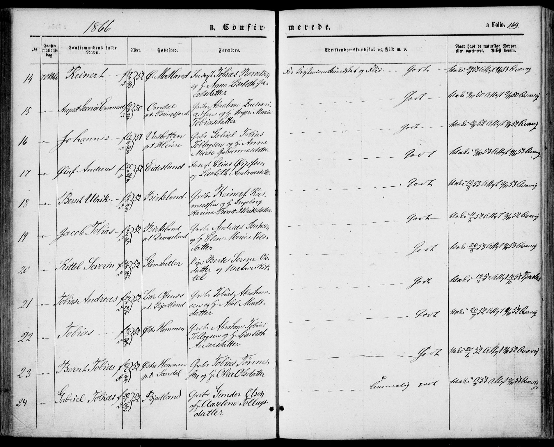 Lyngdal sokneprestkontor, AV/SAK-1111-0029/F/Fa/Fac/L0010: Parish register (official) no. A 10, 1865-1878, p. 169