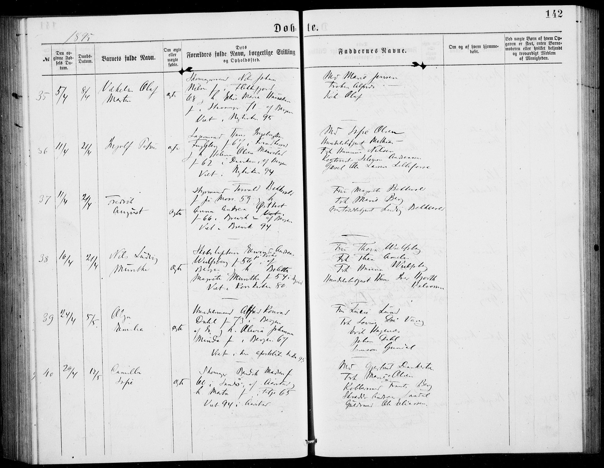Fødselsstiftelsens sokneprestembete, ført av overlegen*, SAB/-: Parish register (official) no. A 2, 1884-1900, p. 142