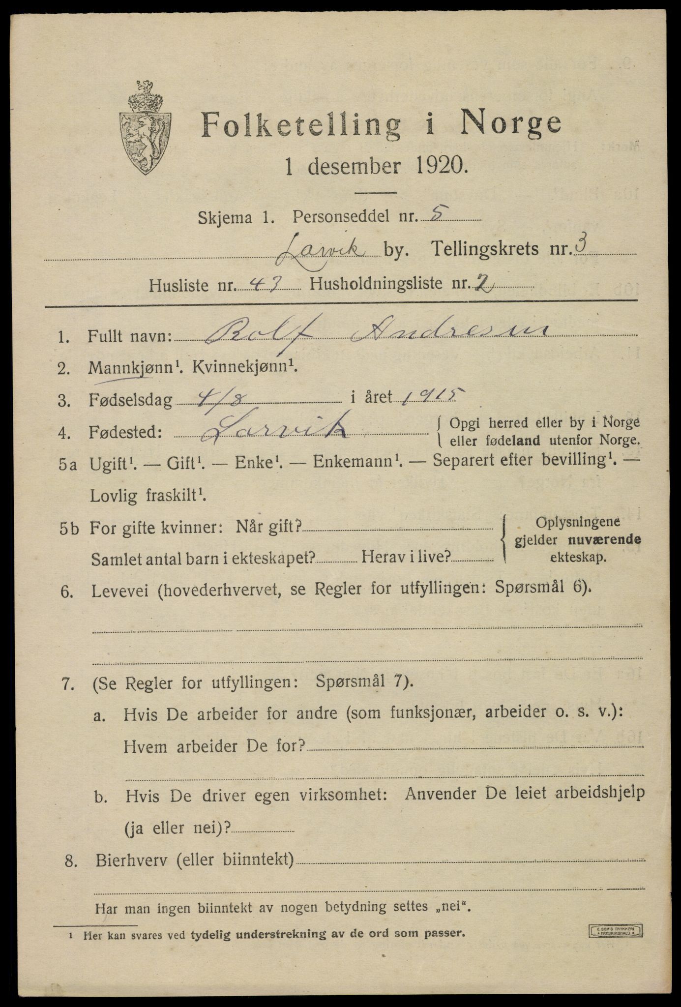 SAKO, 1920 census for Larvik, 1920, p. 13012