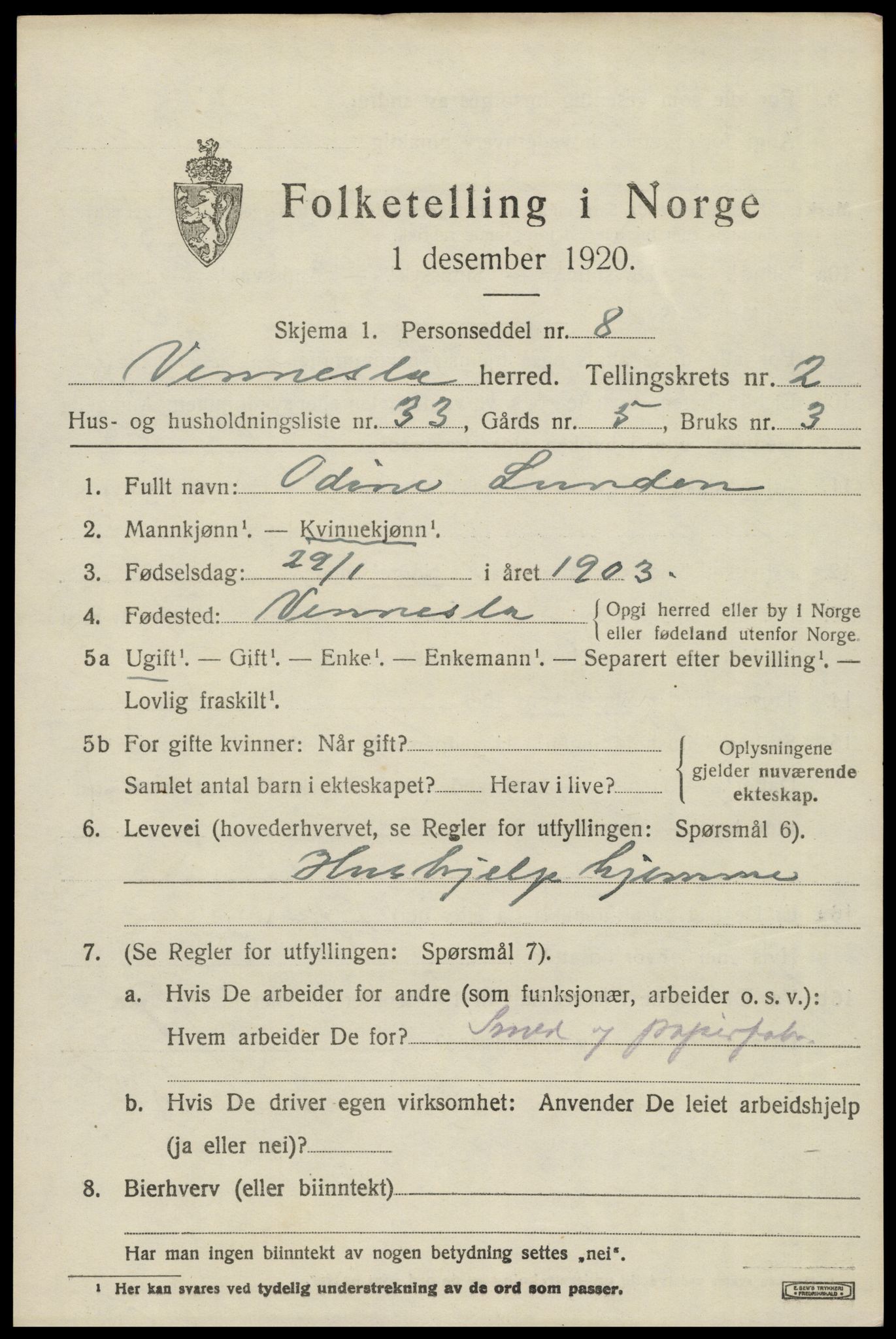 SAK, 1920 census for Vennesla, 1920, p. 1926