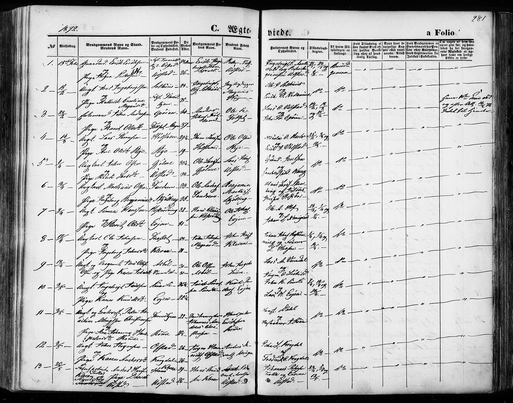 Ministerialprotokoller, klokkerbøker og fødselsregistre - Sør-Trøndelag, SAT/A-1456/668/L0807: Parish register (official) no. 668A07, 1870-1880, p. 281