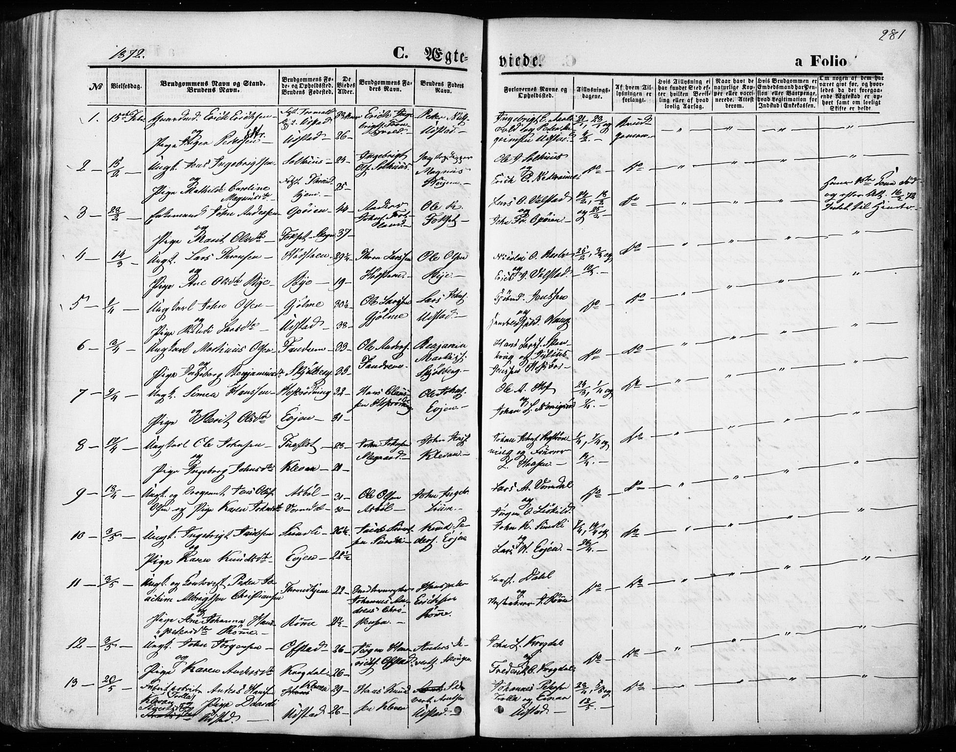 Ministerialprotokoller, klokkerbøker og fødselsregistre - Sør-Trøndelag, AV/SAT-A-1456/668/L0807: Parish register (official) no. 668A07, 1870-1880, p. 281