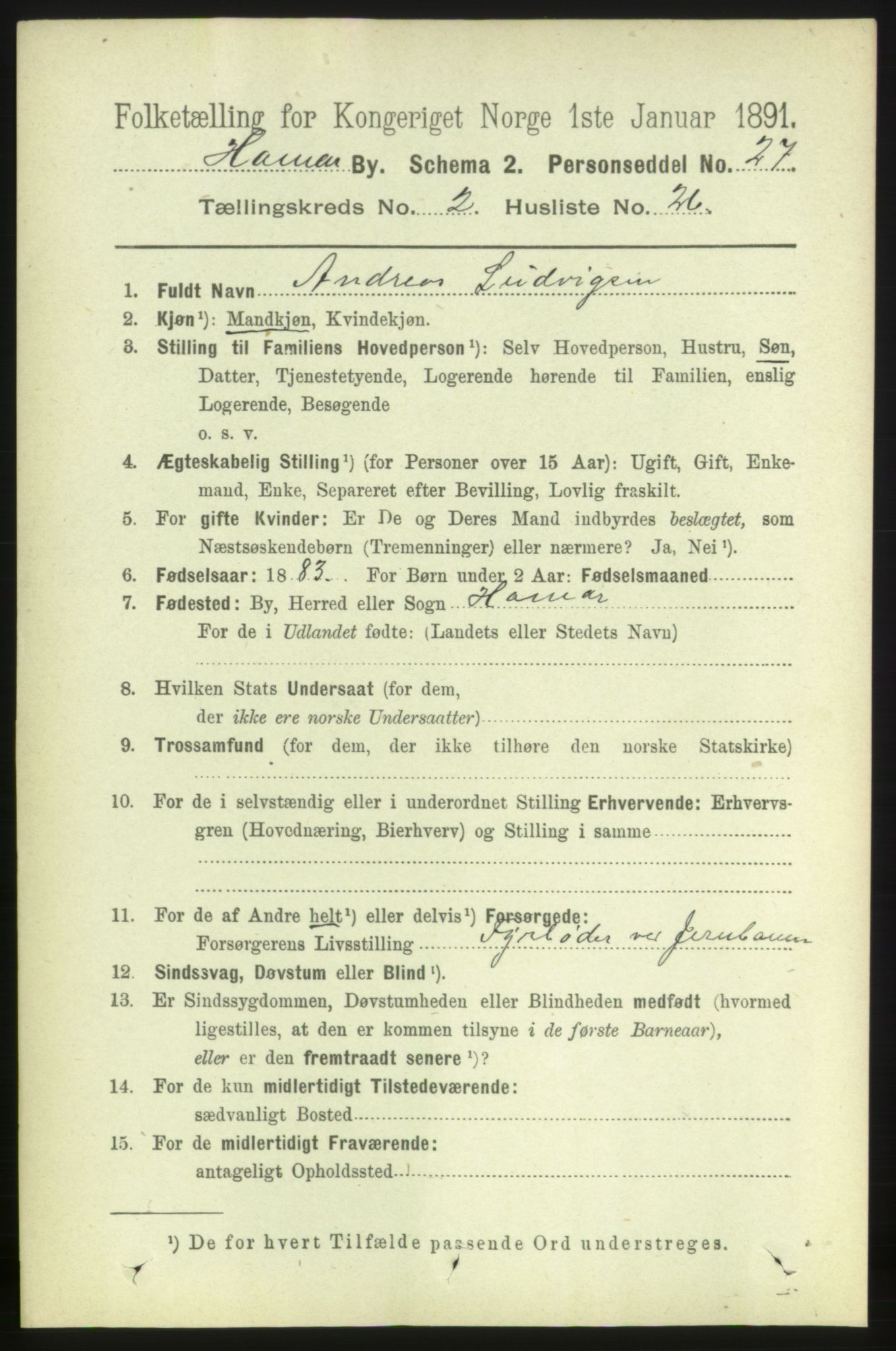 RA, 1891 census for 0401 Hamar, 1891, p. 1395