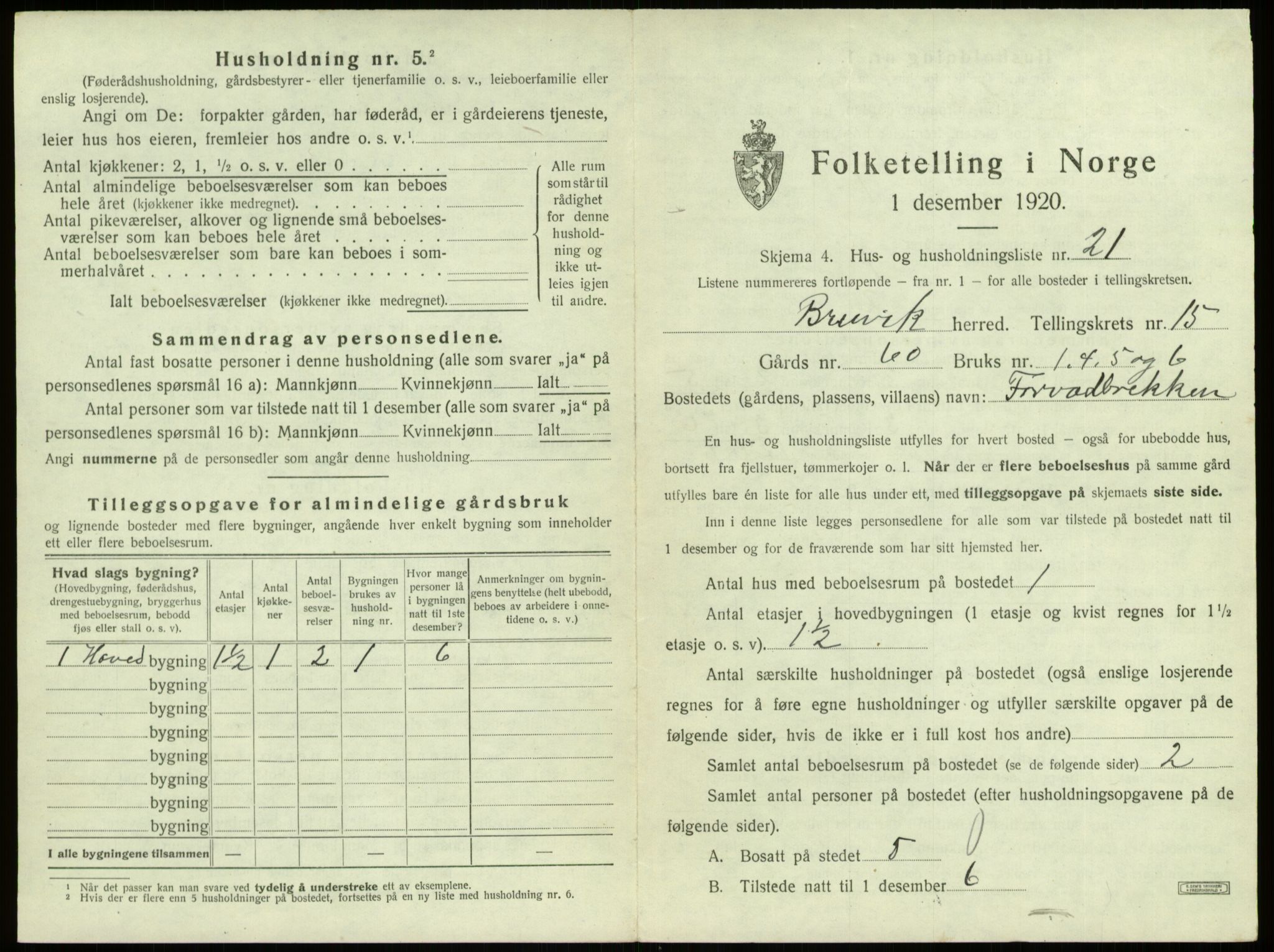 SAB, 1920 census for Bruvik, 1920, p. 1059