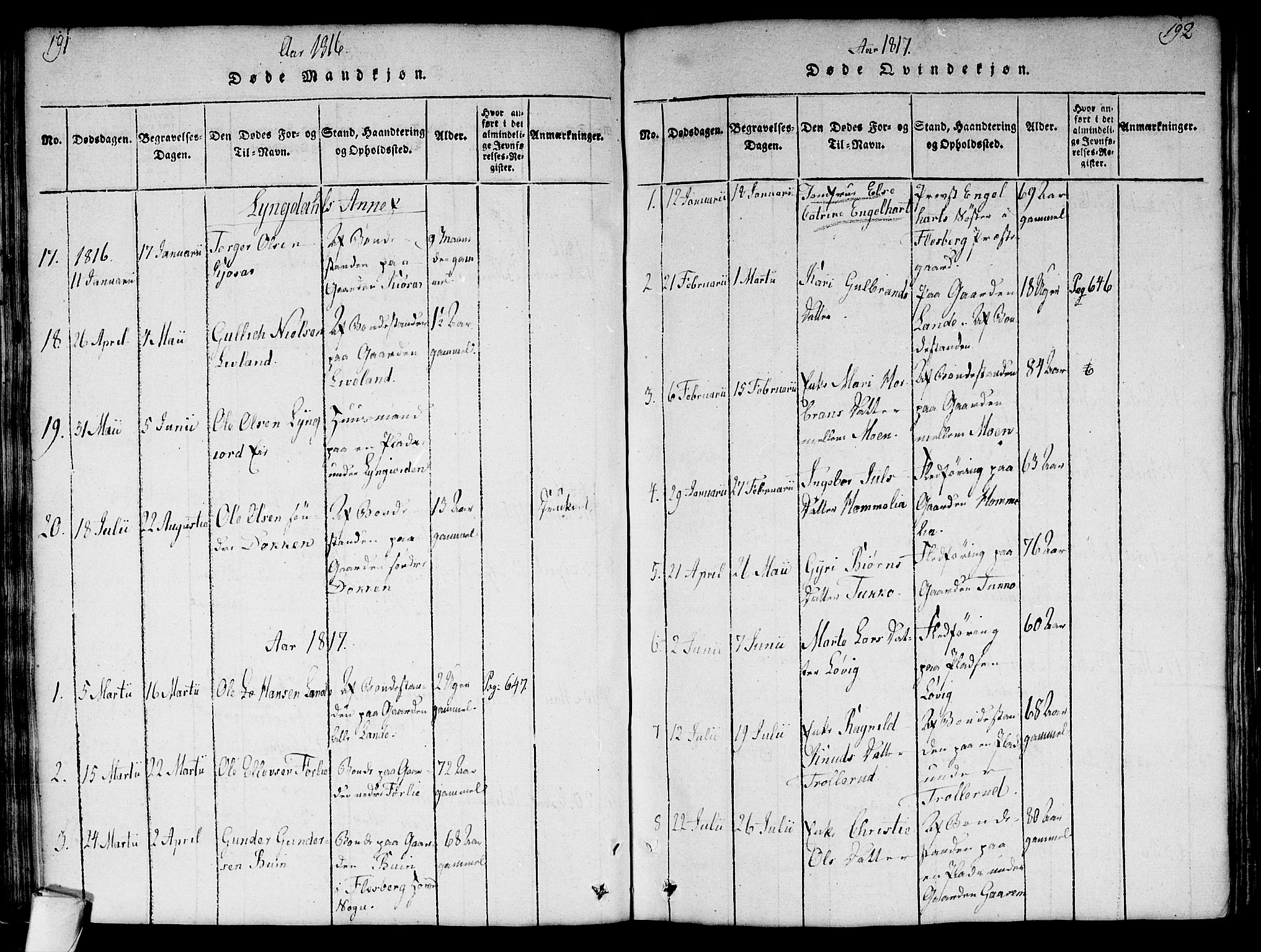 Flesberg kirkebøker, SAKO/A-18/G/Ga/L0001: Parish register (copy) no. I 1, 1816-1834, p. 191-192