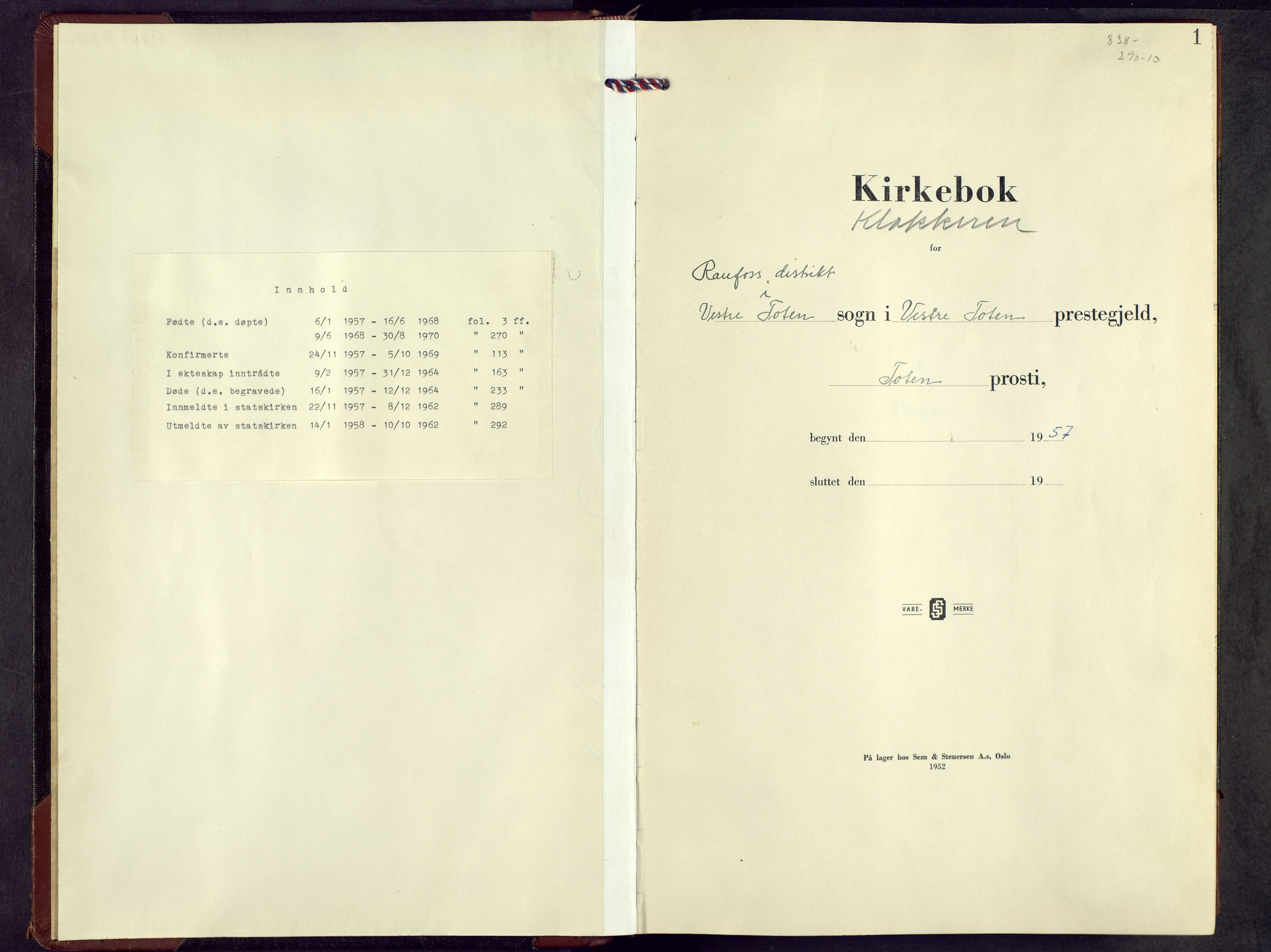 Vestre Toten prestekontor, SAH/PREST-108/H/Ha/Hab/L0014: Parish register (copy) no. 14, 1957-1970, p. 1