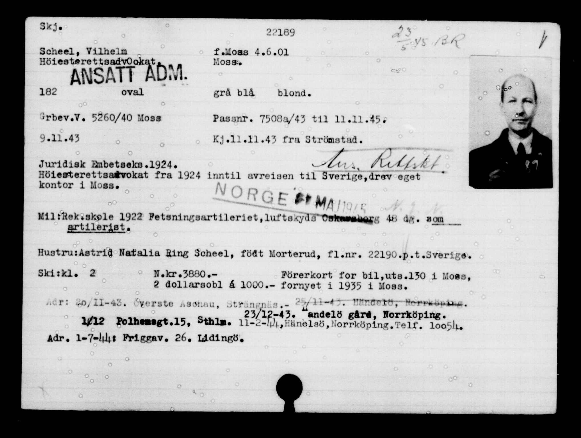 Utenriksstasjonene, Legasjonen i Stockholm, Flyktningkontoret, AV/RA-S-6753/V/Va/L0010: Kjesäterkartoteket, flyktninger med registreringsnr. 22000-25314, 1940-1945, p. 209