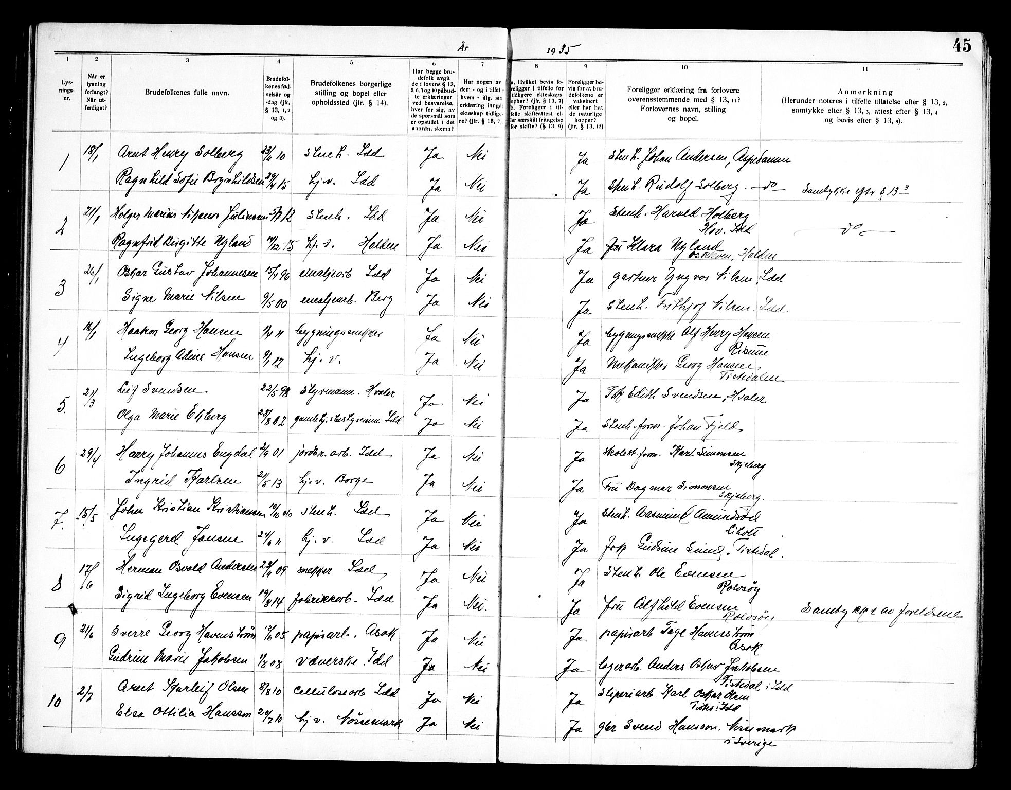 Idd prestekontor Kirkebøker, SAO/A-10911/H/Ha/L0002: Banns register no. I 2, 1919-1958, p. 45