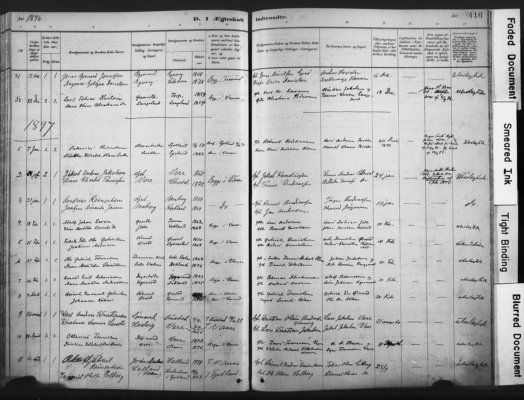 Lista sokneprestkontor, AV/SAK-1111-0027/F/Fa/L0012: Parish register (official) no. A 12, 1879-1903, p. 416