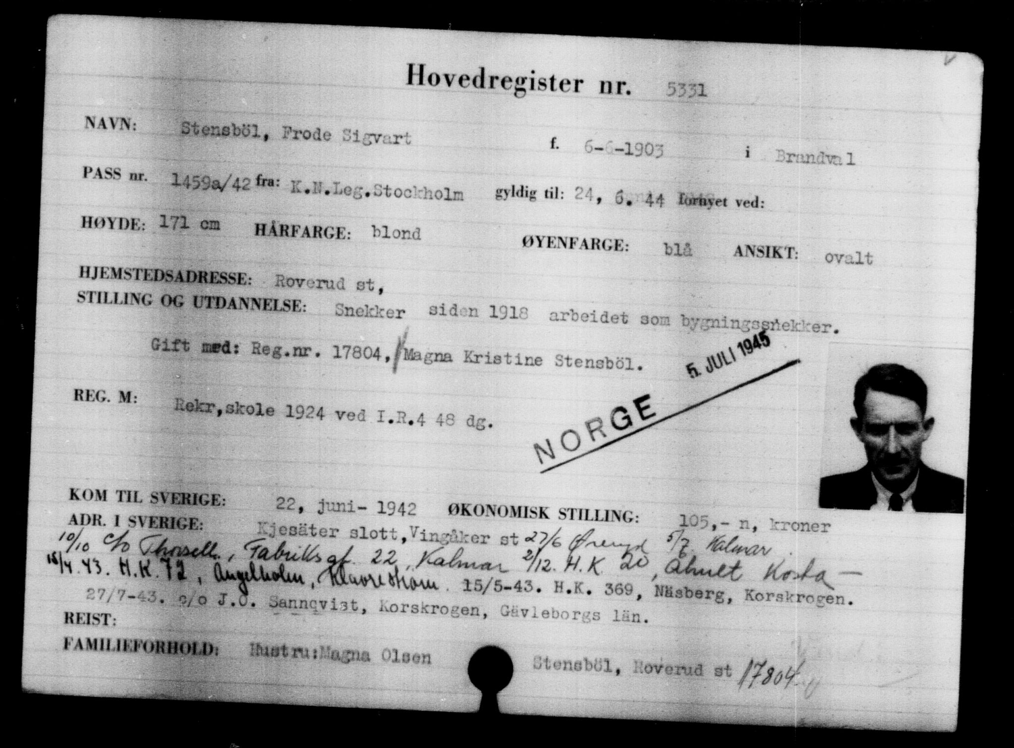 Utenriksstasjonene, Legasjonen i Stockholm, Flyktningkontoret, AV/RA-S-6753/V/Va/L0004: Kjesäterkartoteket, flyktninger med registreringsnr. 3496-6610, 1940-1945, p. 2116