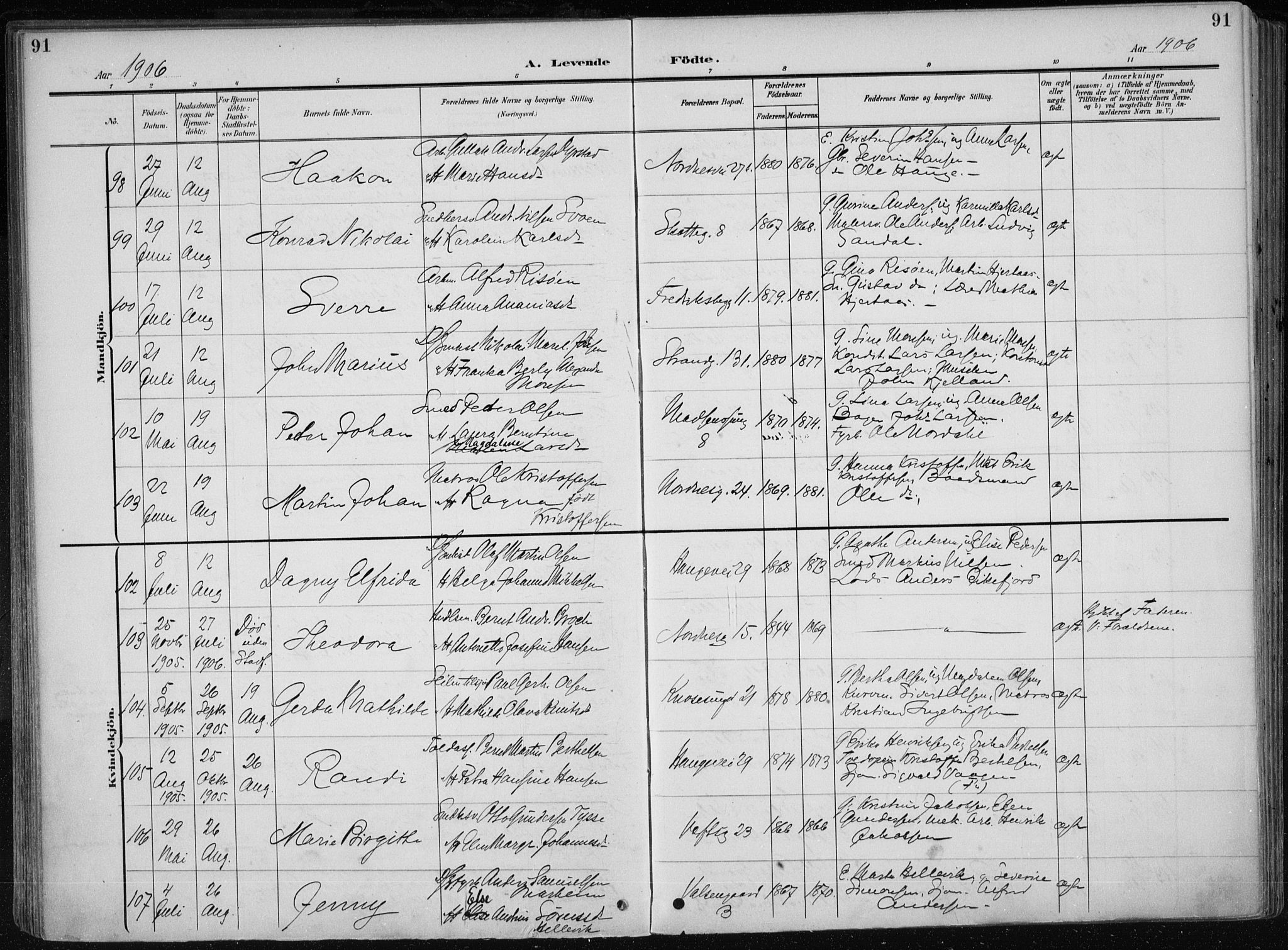 Nykirken Sokneprestembete, AV/SAB-A-77101/H/Haa/L0019: Parish register (official) no. B 7, 1904-1916, p. 91