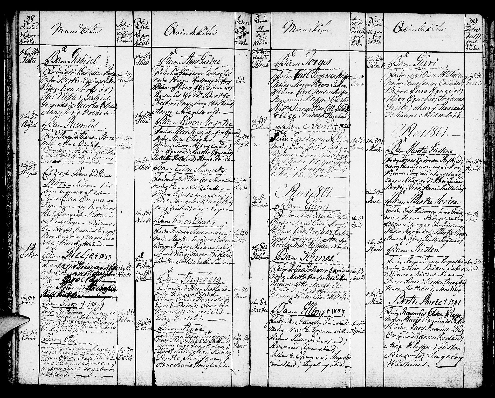 Klepp sokneprestkontor, SAST/A-101803/001/3/30BA/L0001: Parish register (official) no. A 1, 1793-1819, p. 38-39