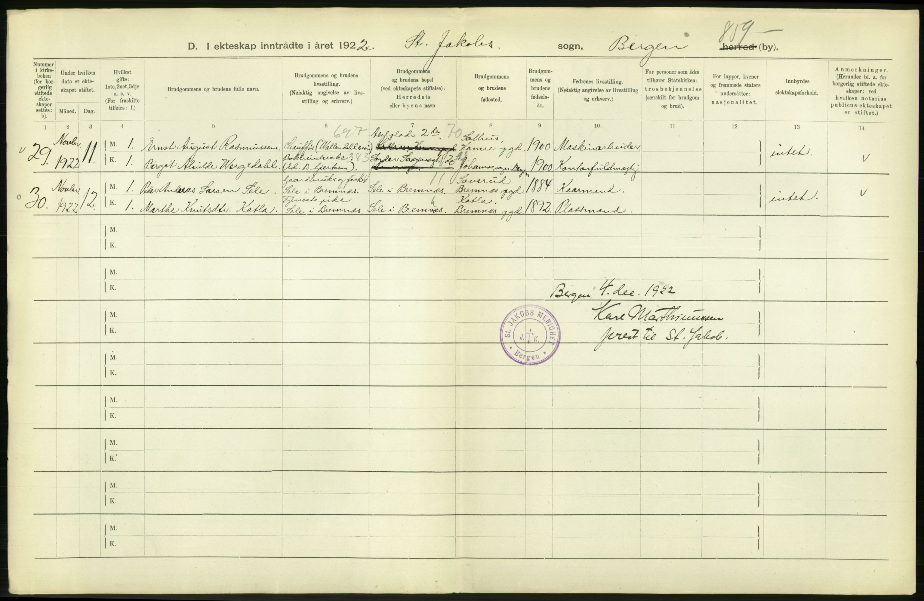 Statistisk sentralbyrå, Sosiodemografiske emner, Befolkning, AV/RA-S-2228/D/Df/Dfc/Dfcb/L0030: Bergen: Gifte, døde, dødfødte., 1922, p. 28