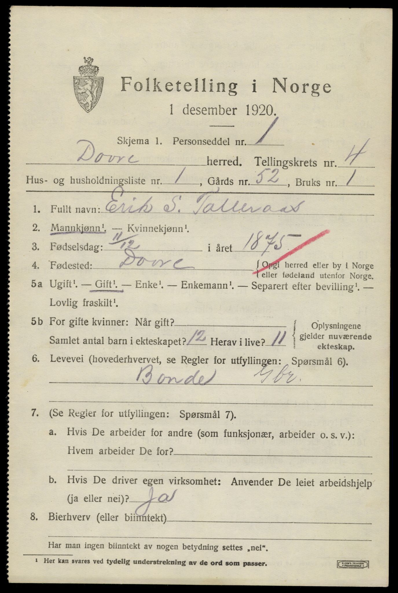 SAH, 1920 census for Dovre, 1920, p. 4542