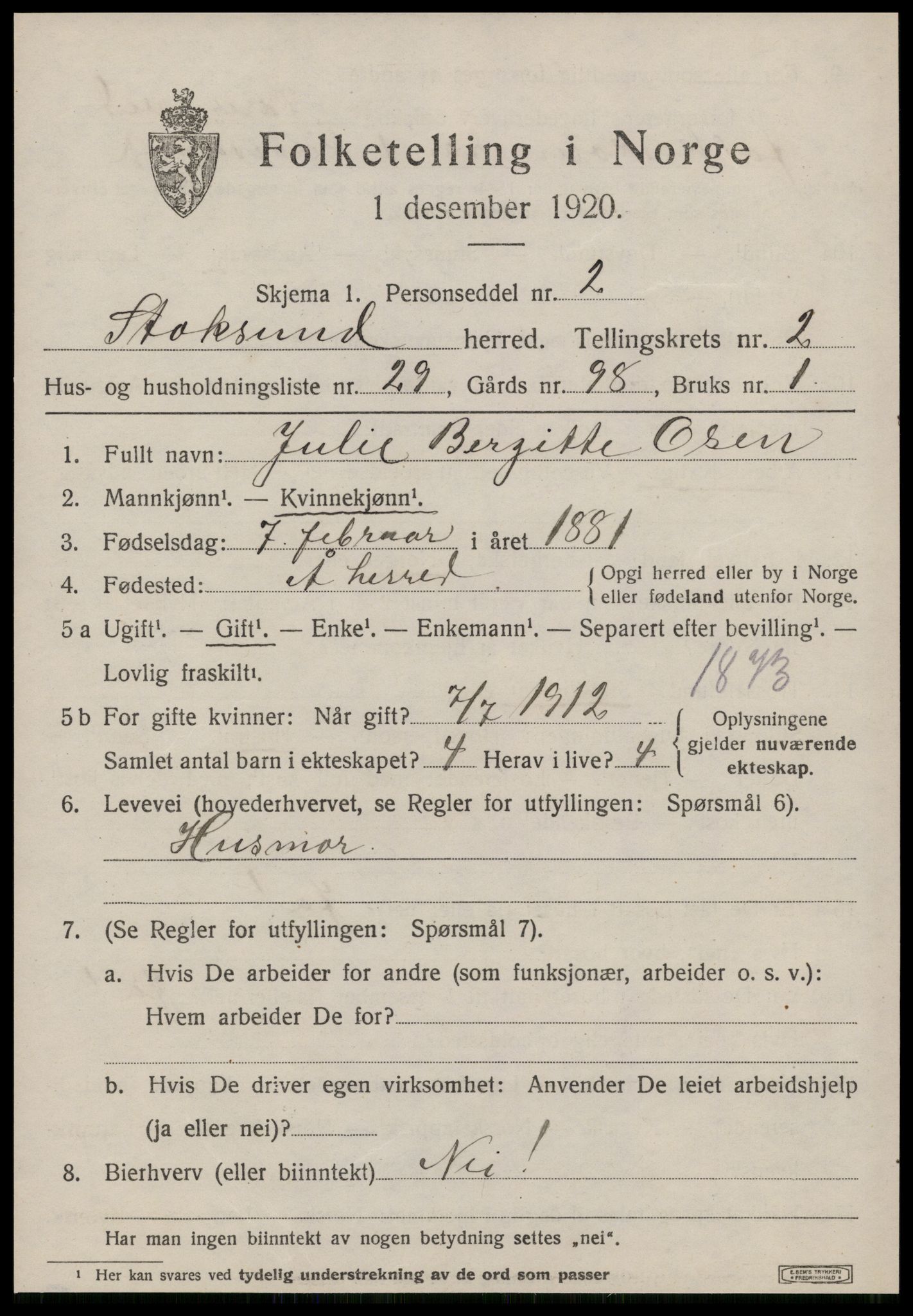 SAT, 1920 census for Stoksund, 1920, p. 1450