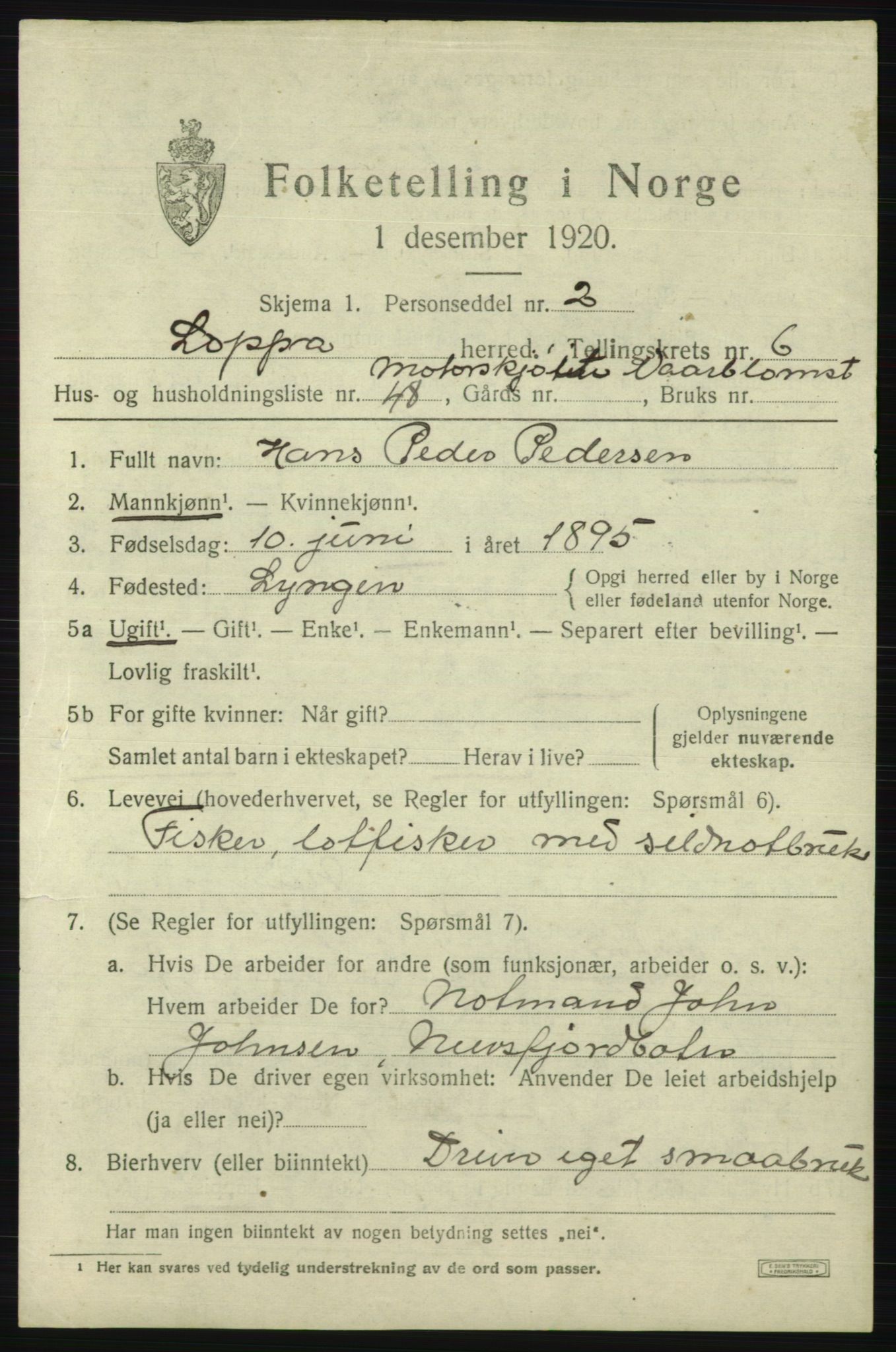 SATØ, 1920 census for Loppa, 1920, p. 3070