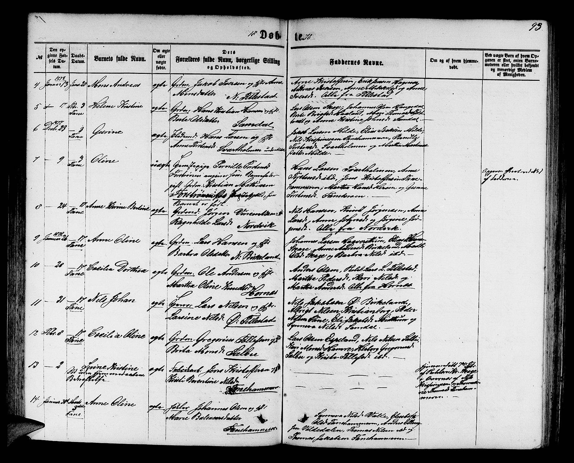 Fana Sokneprestembete, SAB/A-75101/H/Hab/Habb/L0003: Parish register (copy) no. B 3, 1861-1888, p. 93