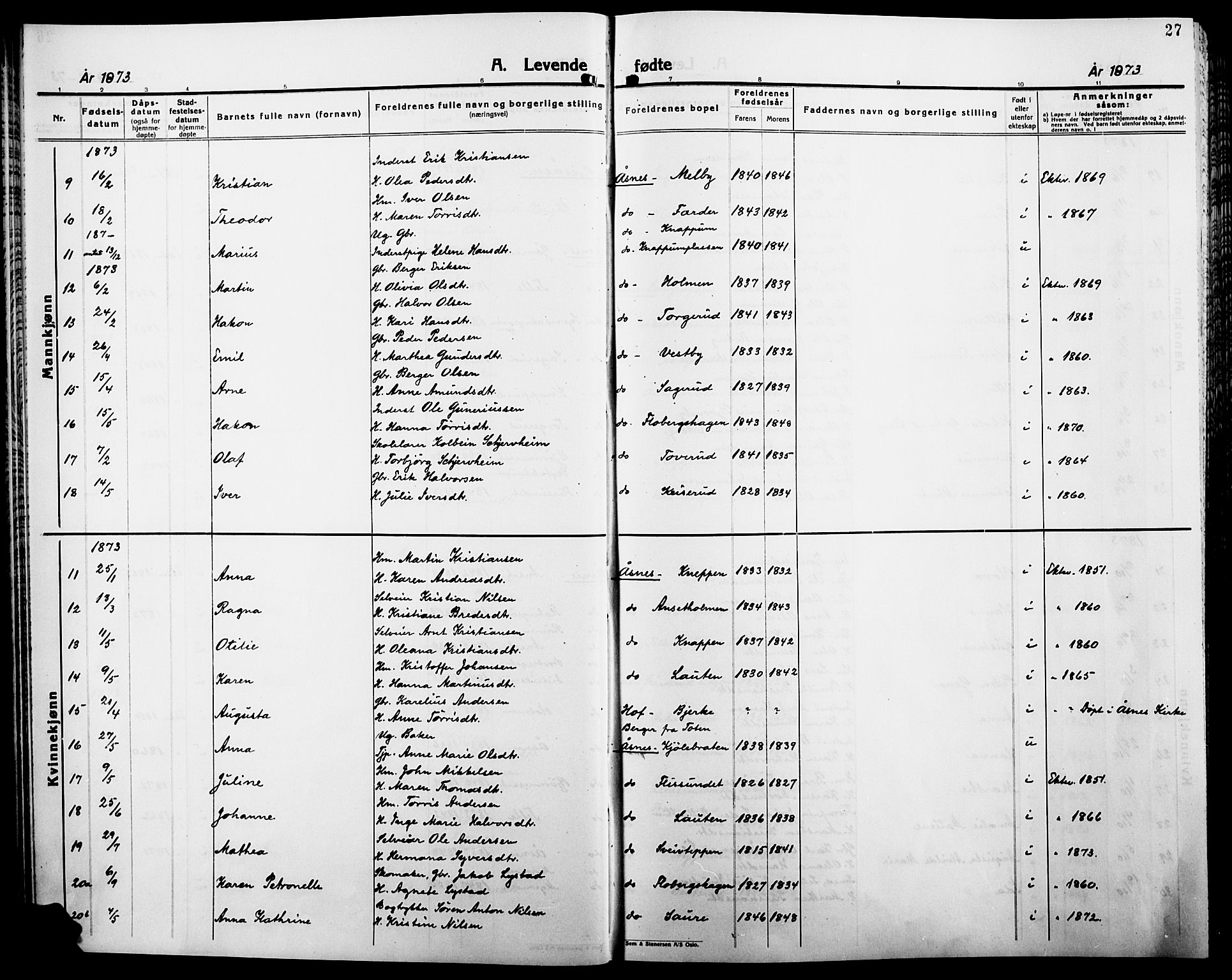 Åsnes prestekontor, AV/SAH-PREST-042/H/Ha/Haa/L0000B: Parish register (official), 1870-1889, p. 27