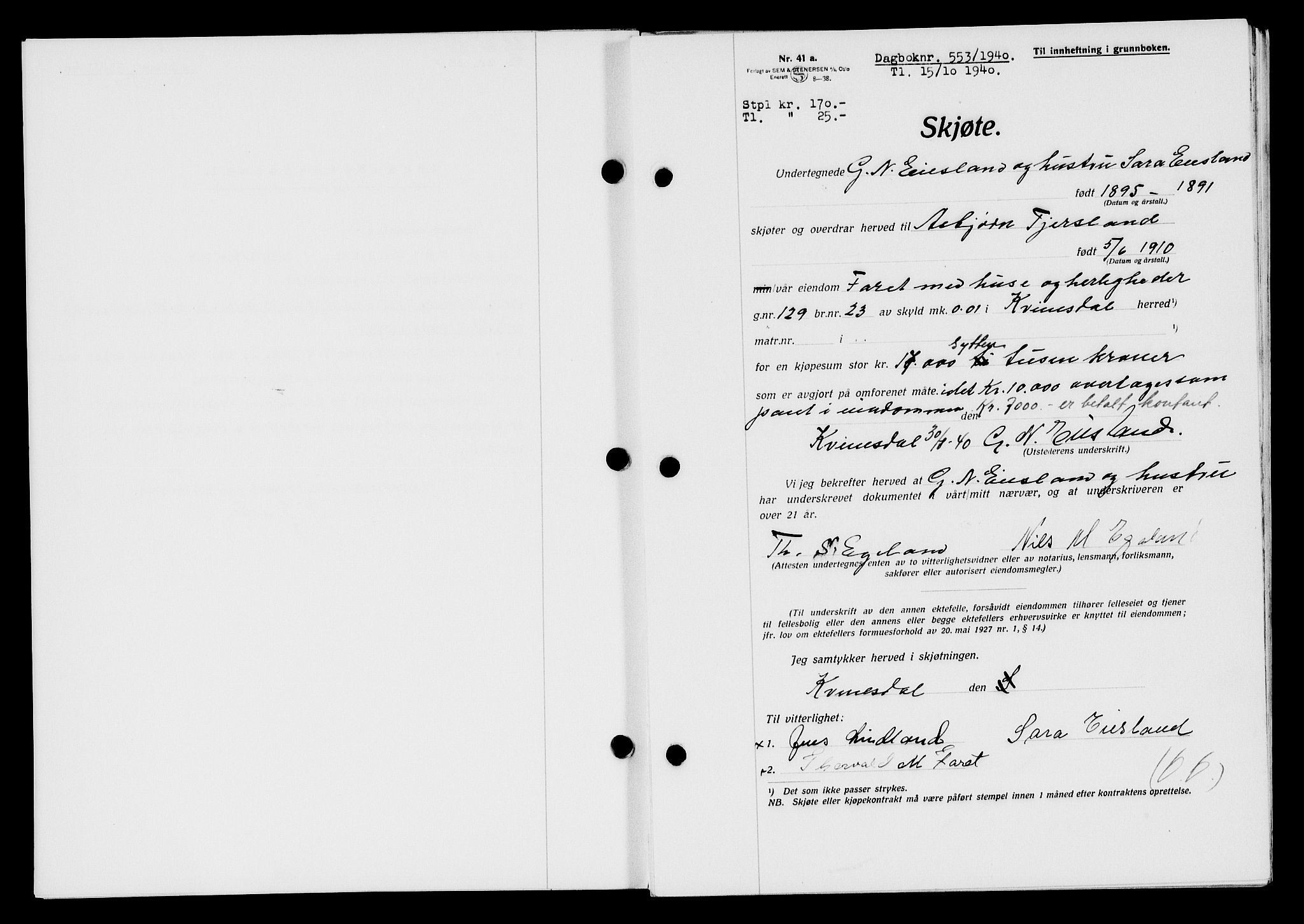 Flekkefjord sorenskriveri, AV/SAK-1221-0001/G/Gb/Gba/L0056: Mortgage book no. A-4, 1940-1941, Diary no: : 553/1940