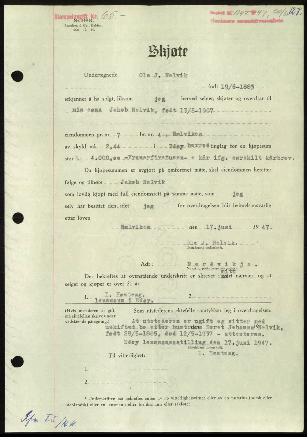 Nordmøre sorenskriveri, AV/SAT-A-4132/1/2/2Ca: Mortgage book no. A105, 1947-1947, Diary no: : 1342/1947