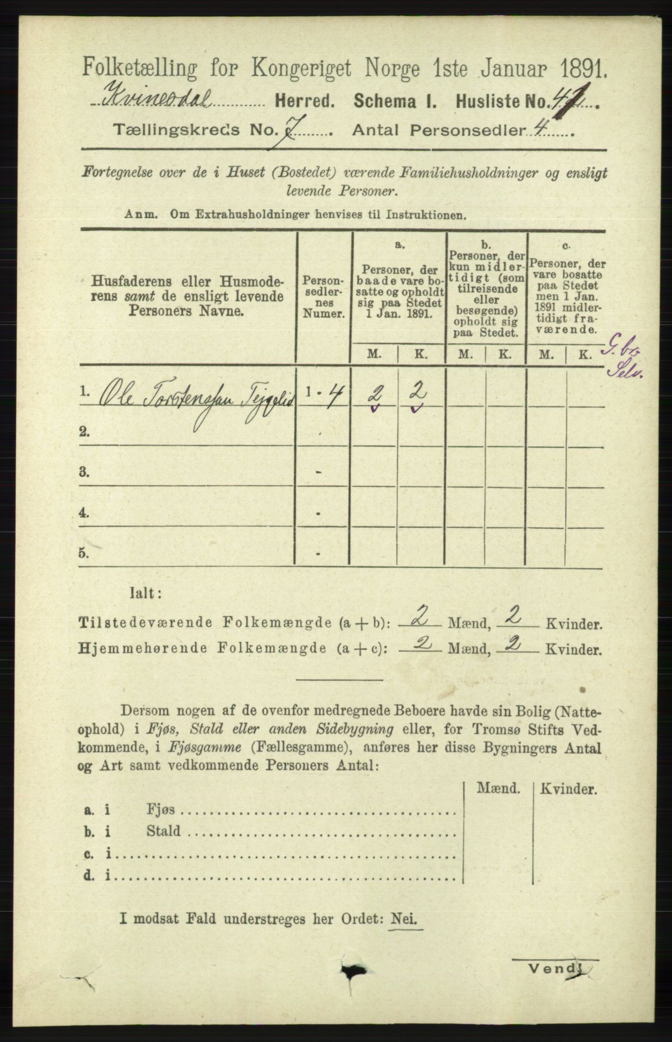 RA, 1891 census for 1037 Kvinesdal, 1891, p. 2416