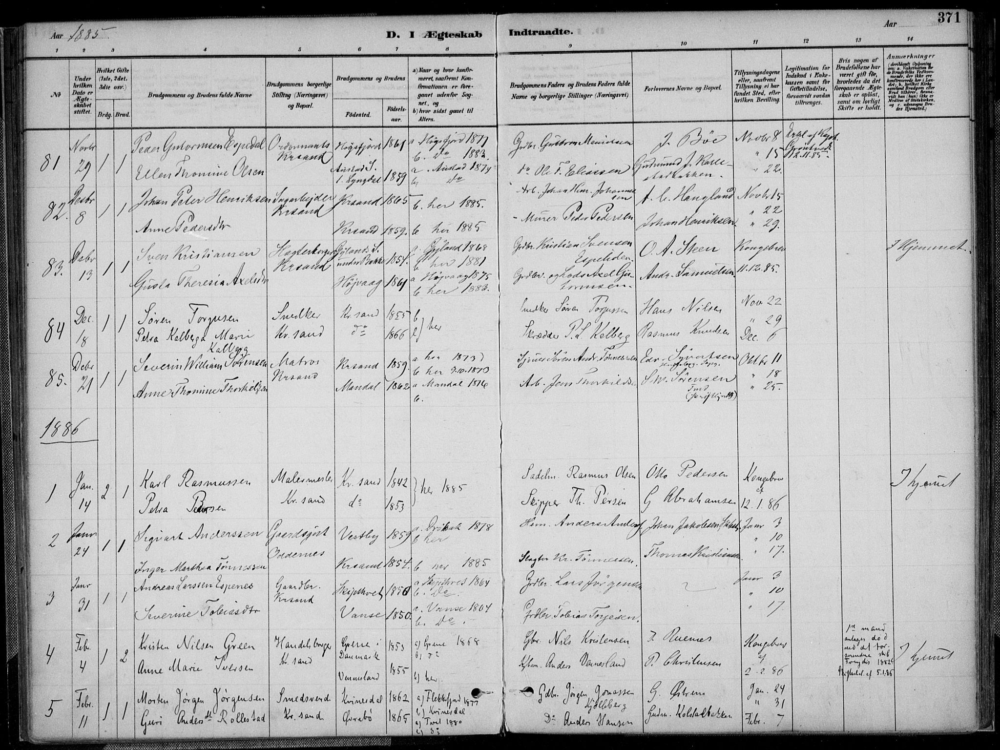 Kristiansand domprosti, SAK/1112-0006/F/Fa/L0017: Parish register (official) no. A 16B, 1880-1890, p. 371