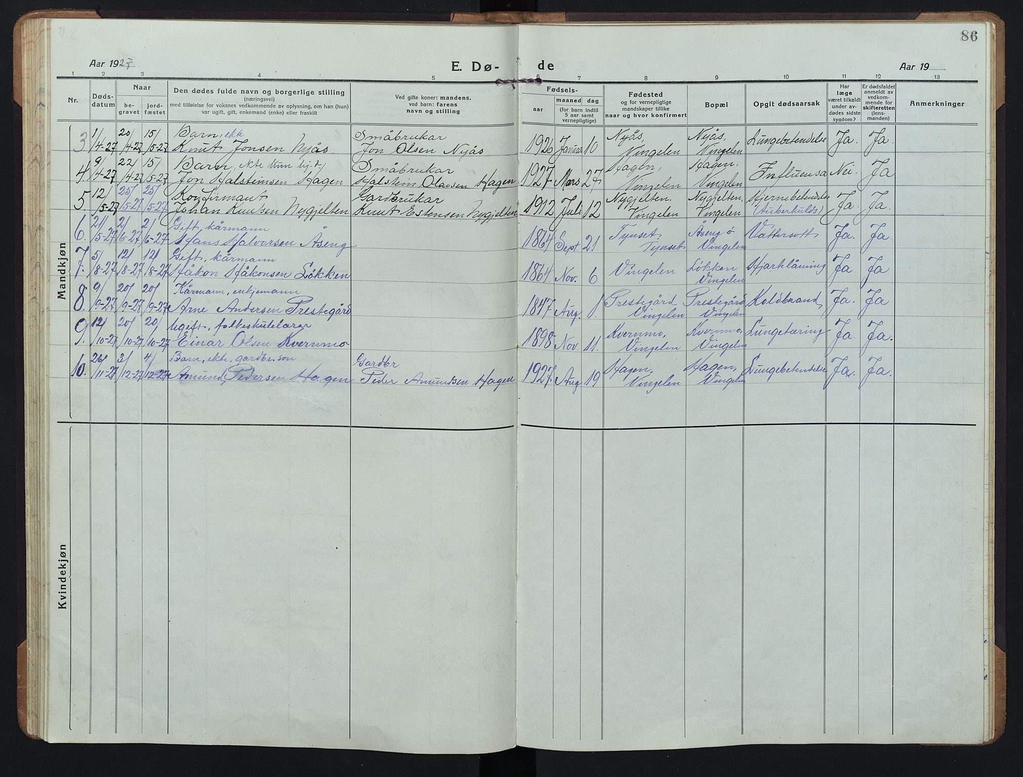 Tolga prestekontor, SAH/PREST-062/L/L0015: Parish register (copy) no. 15, 1919-1946, p. 86