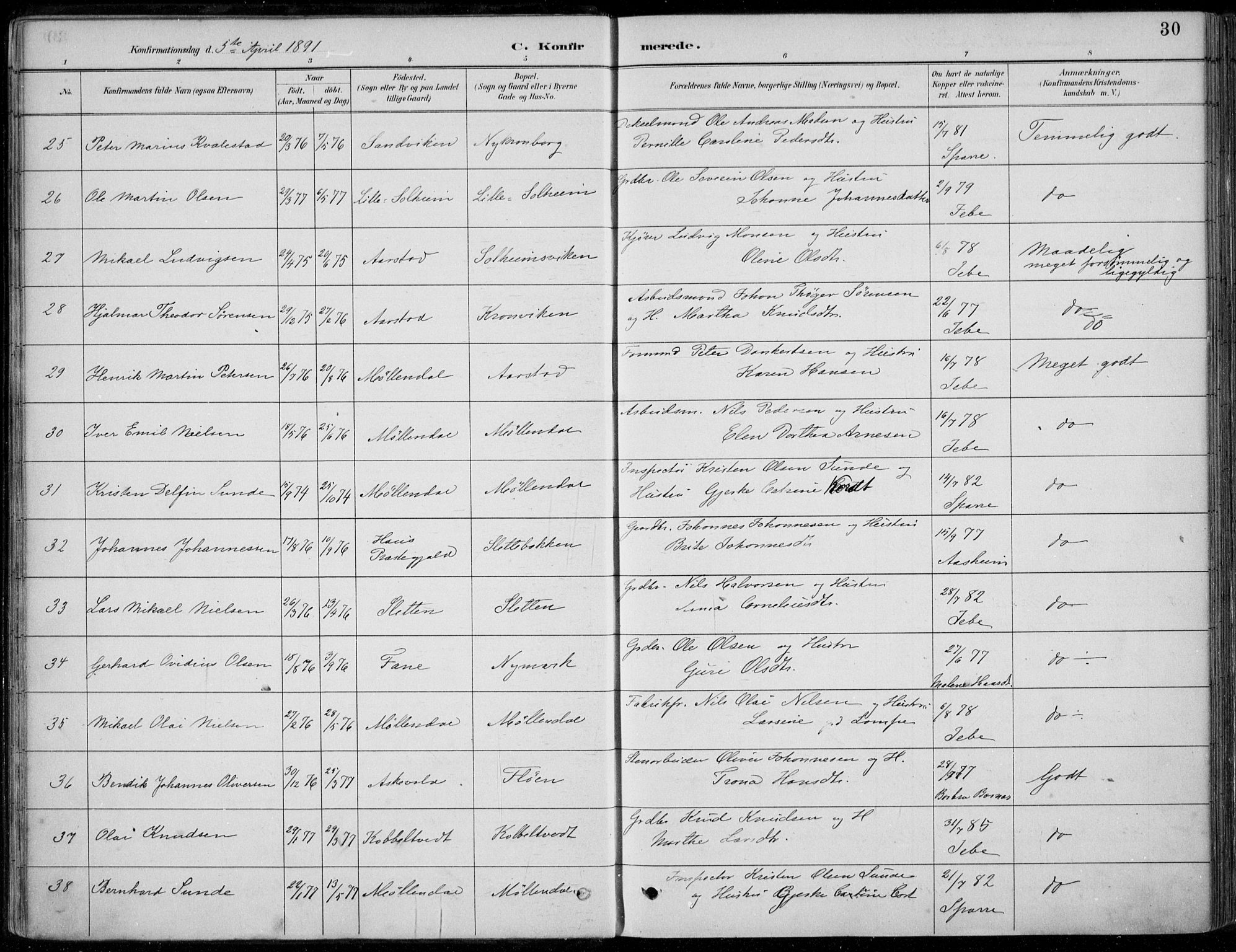 Årstad Sokneprestembete, AV/SAB-A-79301/H/Haa/L0006: Parish register (official) no. B 1, 1886-1901, p. 30