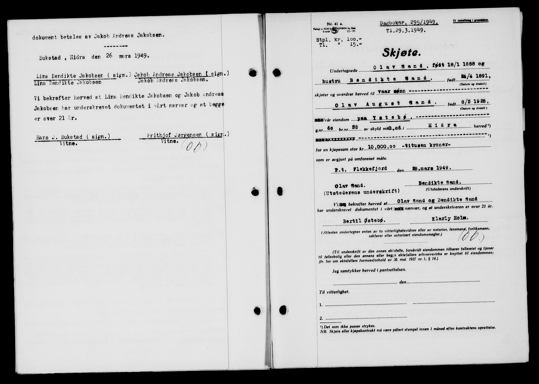 Flekkefjord sorenskriveri, SAK/1221-0001/G/Gb/Gba/L0065: Mortgage book no. A-13, 1949-1949, Diary no: : 295/1949