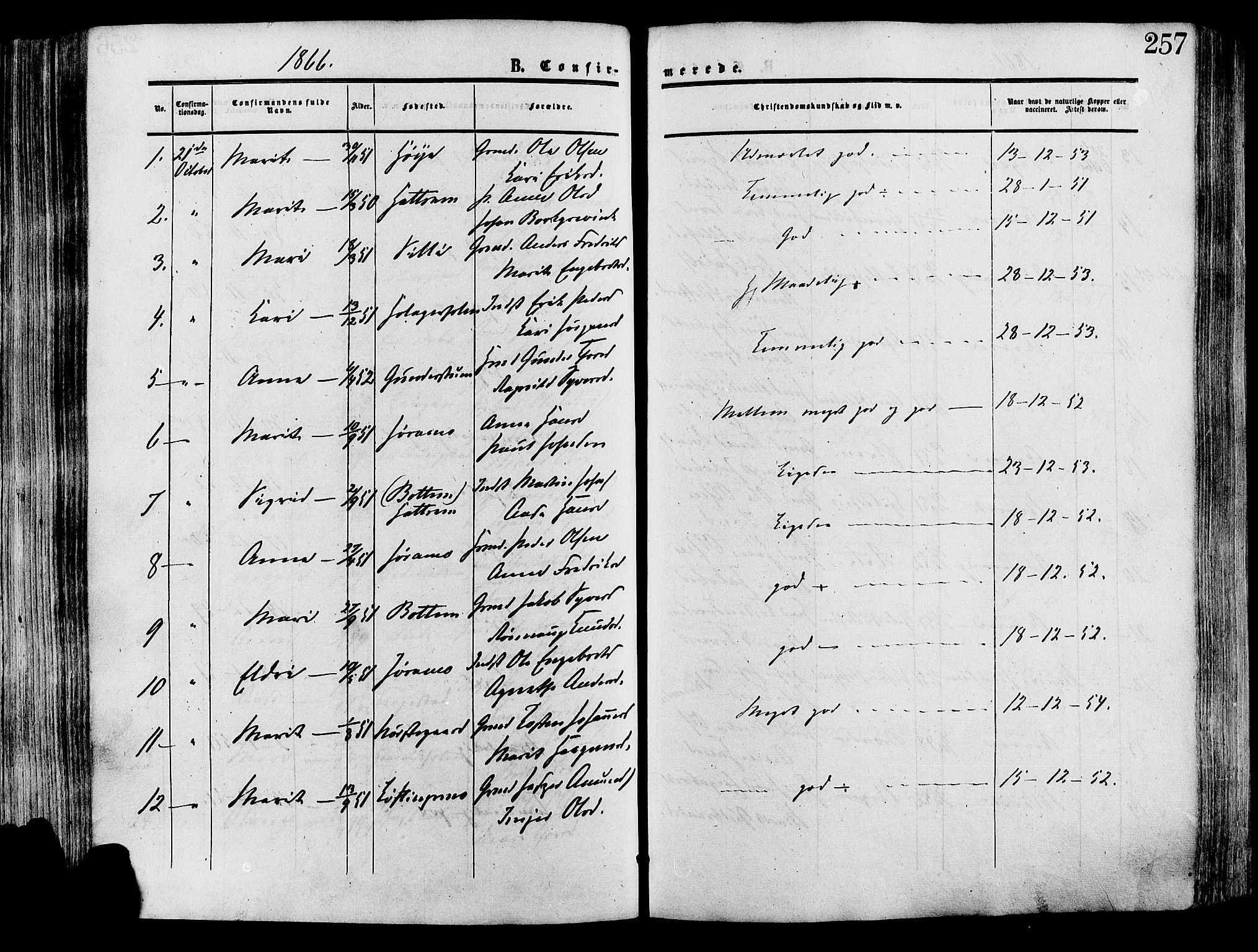 Lesja prestekontor, SAH/PREST-068/H/Ha/Haa/L0008: Parish register (official) no. 8, 1854-1880, p. 257