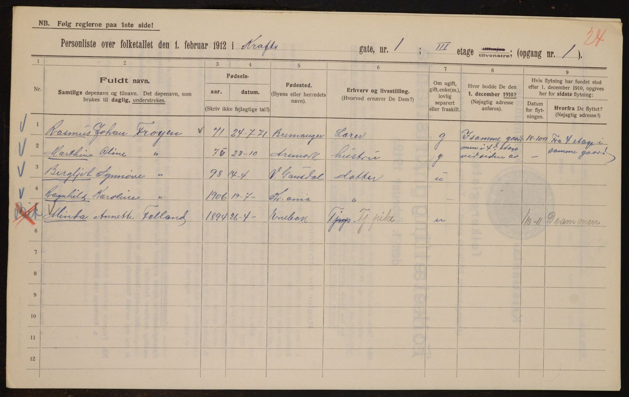 OBA, Municipal Census 1912 for Kristiania, 1912, p. 54177