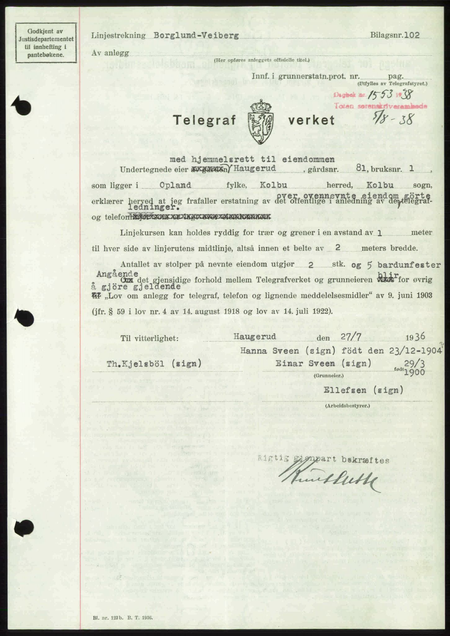 Toten tingrett, AV/SAH-TING-006/H/Hb/Hbc/L0004: Mortgage book no. Hbc-04, 1938-1938, Diary no: : 1553/1938