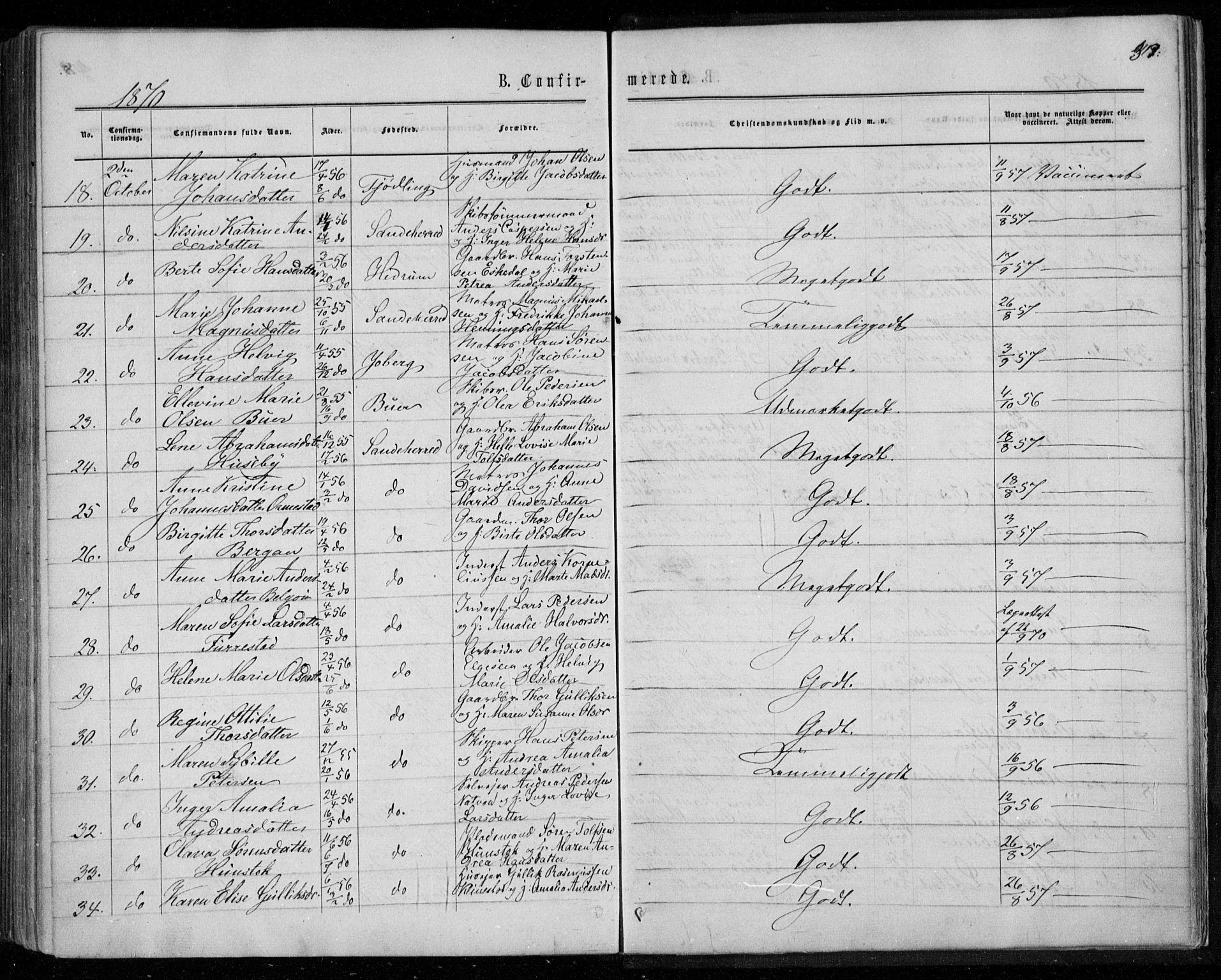 Sandar kirkebøker, AV/SAKO-A-243/F/Fa/L0008: Parish register (official) no. 8, 1862-1871, p. 319