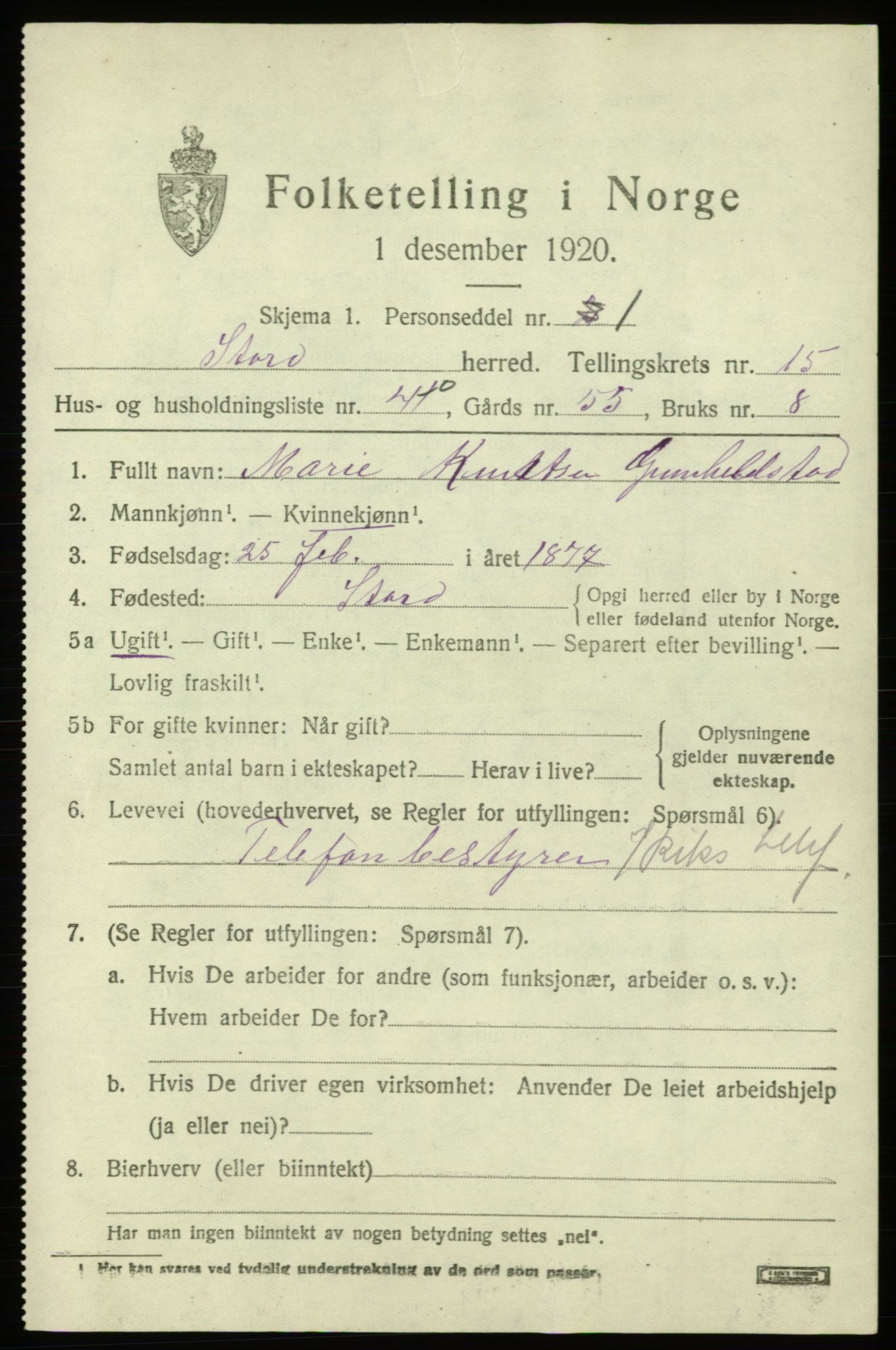 SAB, 1920 census for Stord, 1920, p. 8679