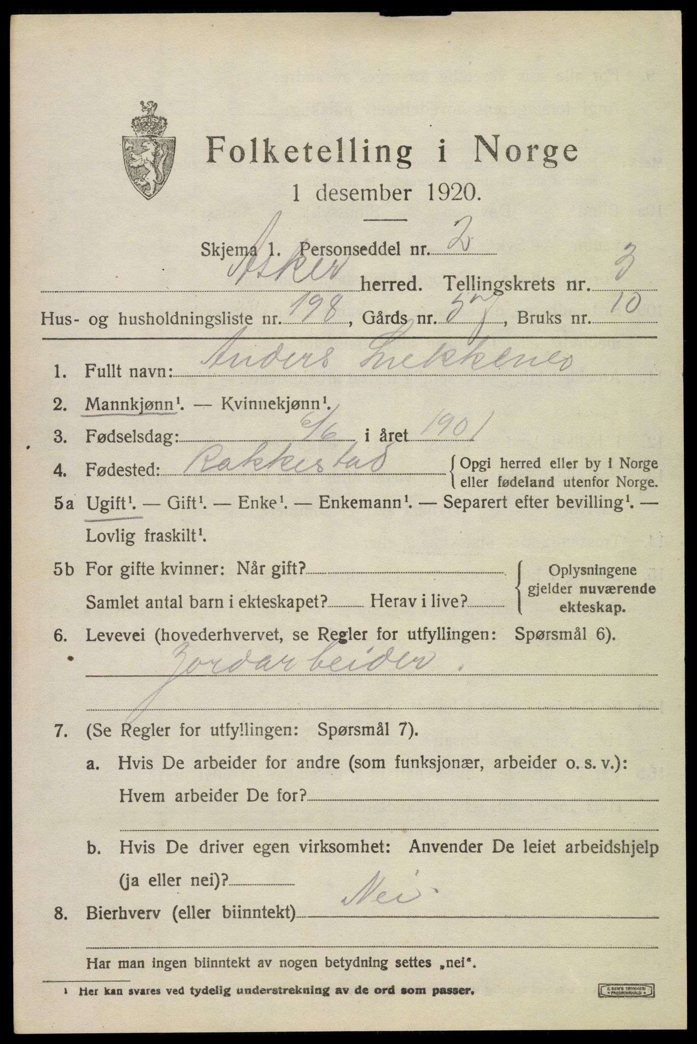 SAO, 1920 census for Asker, 1920, p. 10266