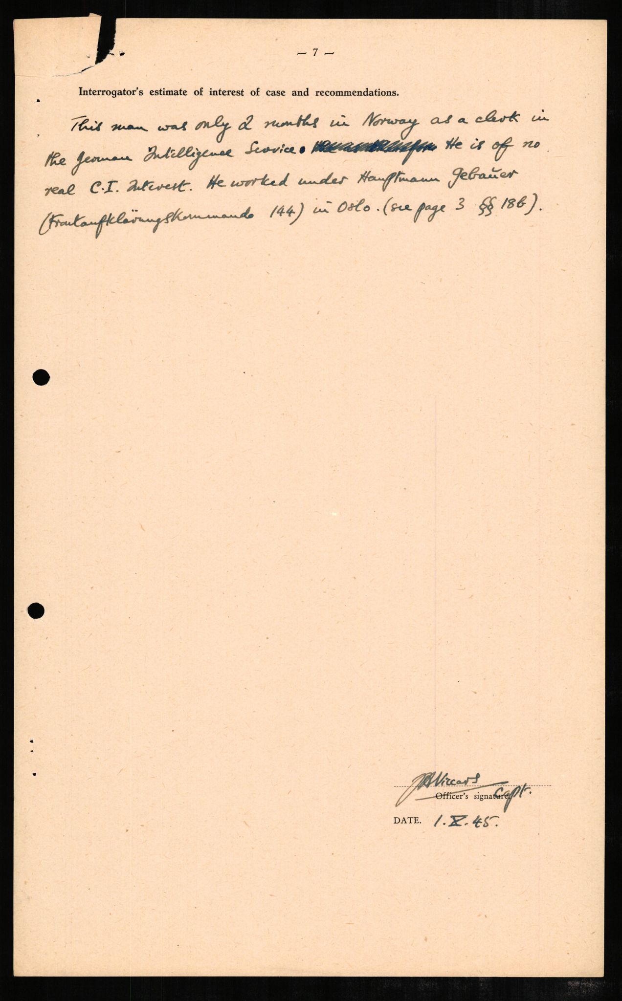 Forsvaret, Forsvarets overkommando II, AV/RA-RAFA-3915/D/Db/L0004: CI Questionaires. Tyske okkupasjonsstyrker i Norge. Tyskere., 1945-1946, p. 442