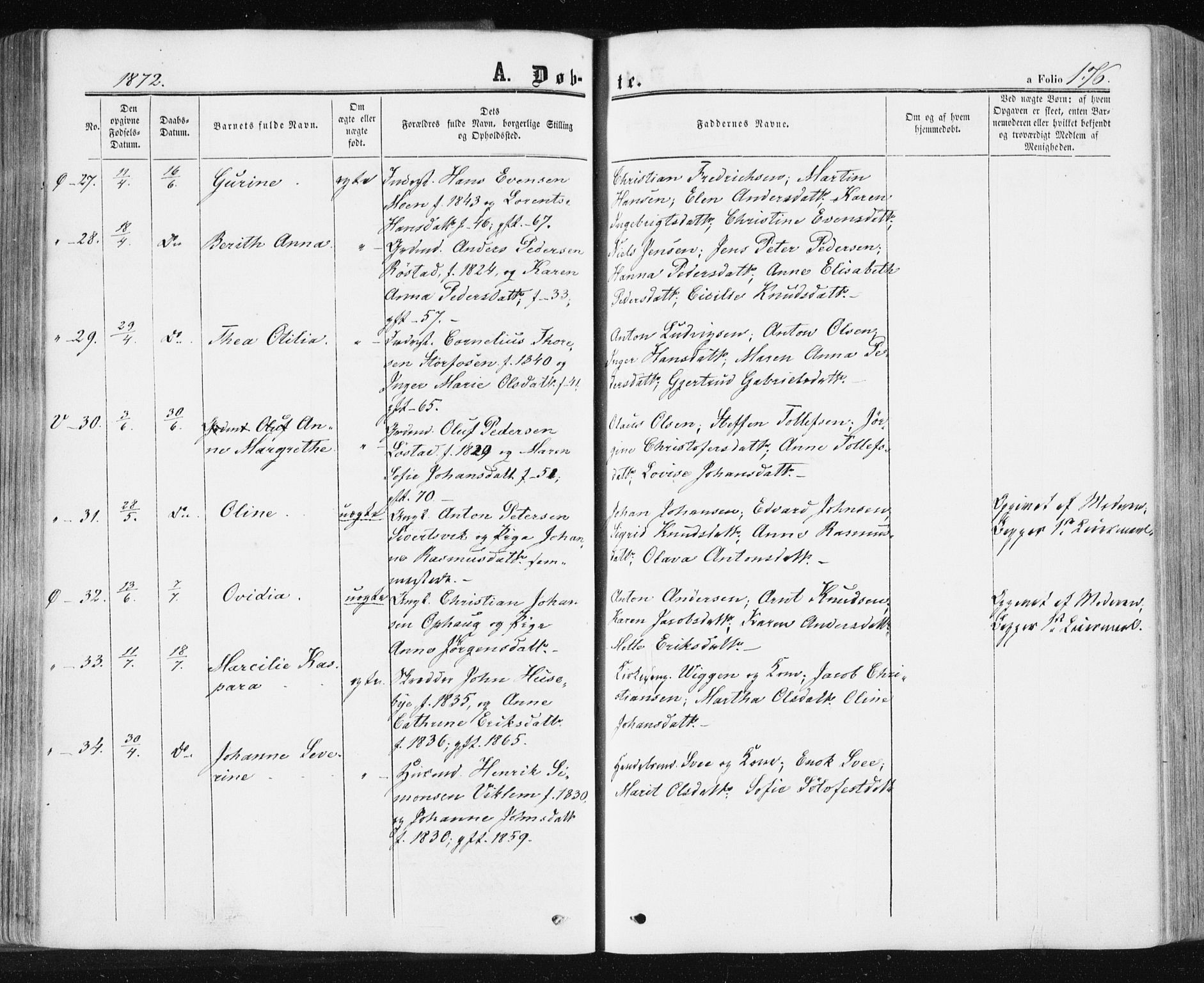 Ministerialprotokoller, klokkerbøker og fødselsregistre - Sør-Trøndelag, AV/SAT-A-1456/659/L0737: Parish register (official) no. 659A07, 1857-1875, p. 176