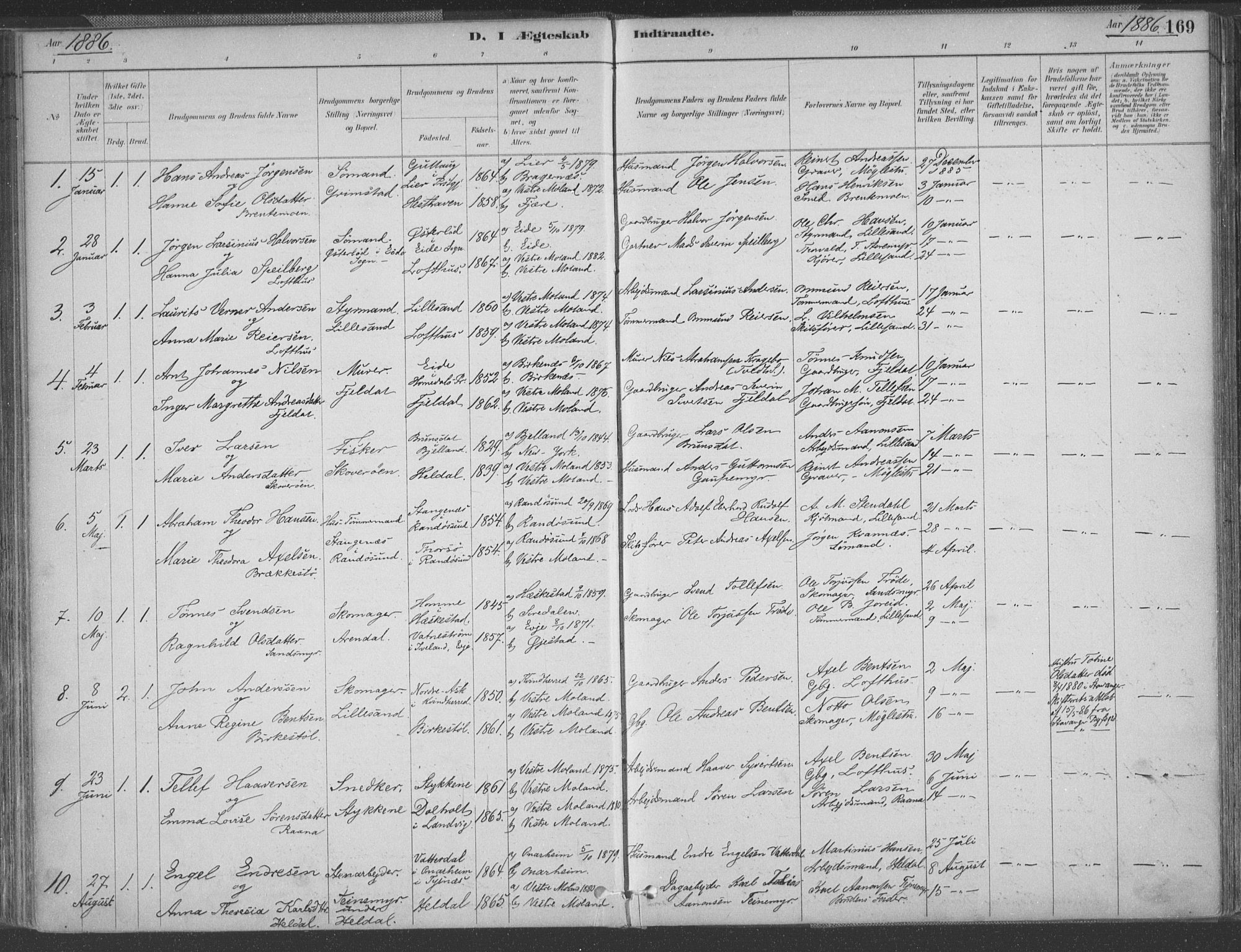 Vestre Moland sokneprestkontor, SAK/1111-0046/F/Fa/Fab/L0009: Parish register (official) no. A 9, 1884-1899, p. 169