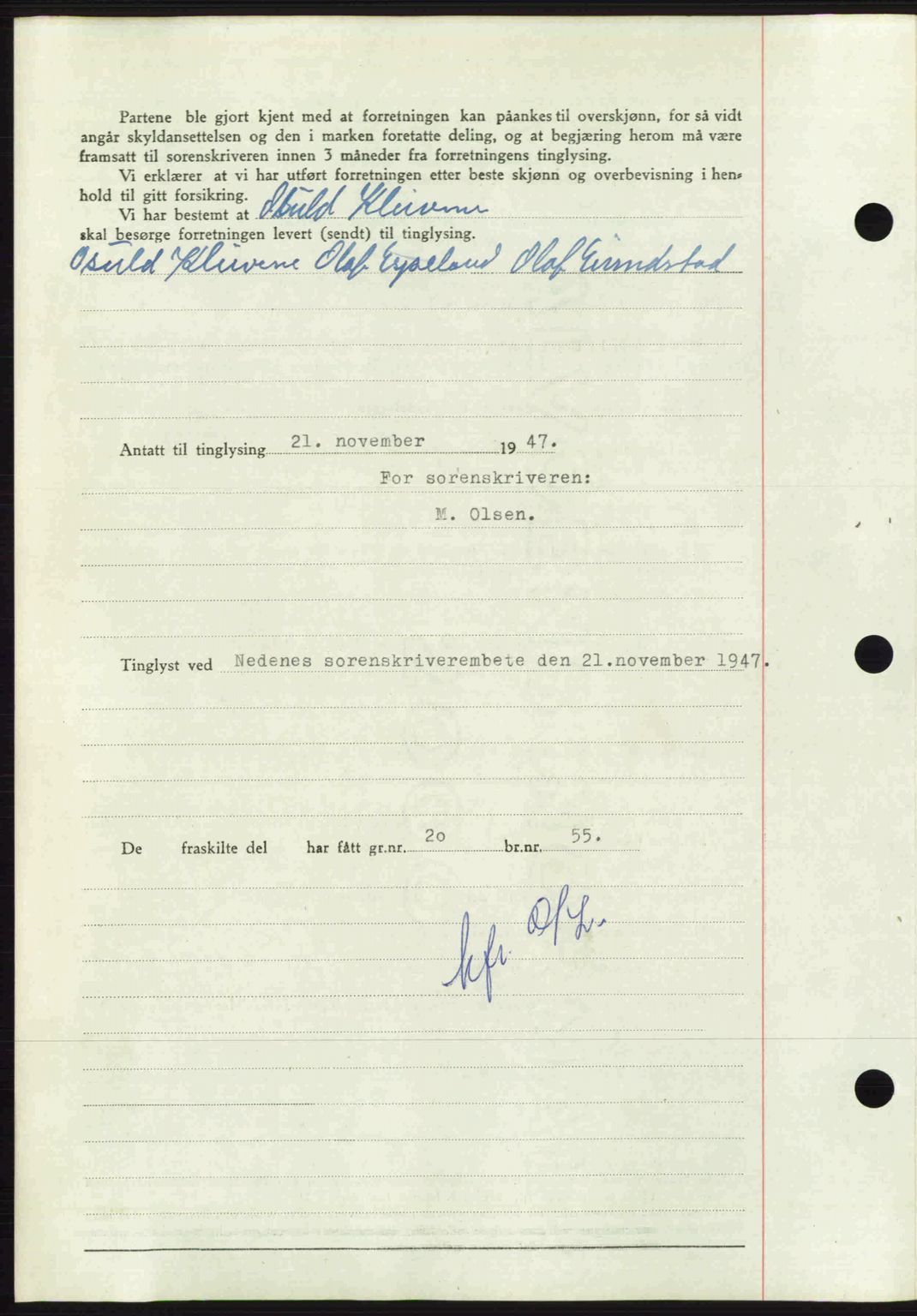 Nedenes sorenskriveri, AV/SAK-1221-0006/G/Gb/Gba/L0058: Mortgage book no. A10, 1947-1948, Diary no: : 1730/1947