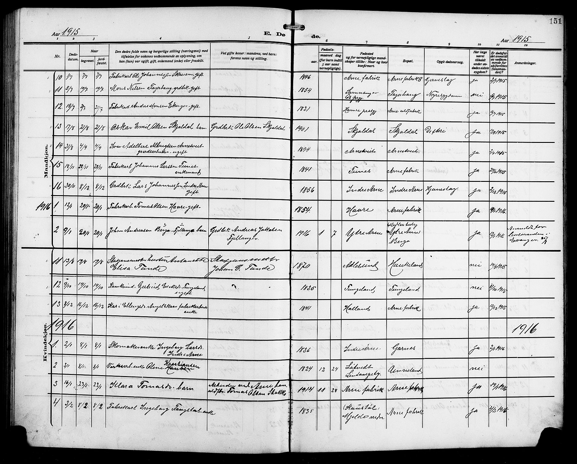 Arna Sokneprestembete, AV/SAB-A-74001/H/Ha/Hab: Parish register (copy) no. A 5, 1911-1921, p. 151