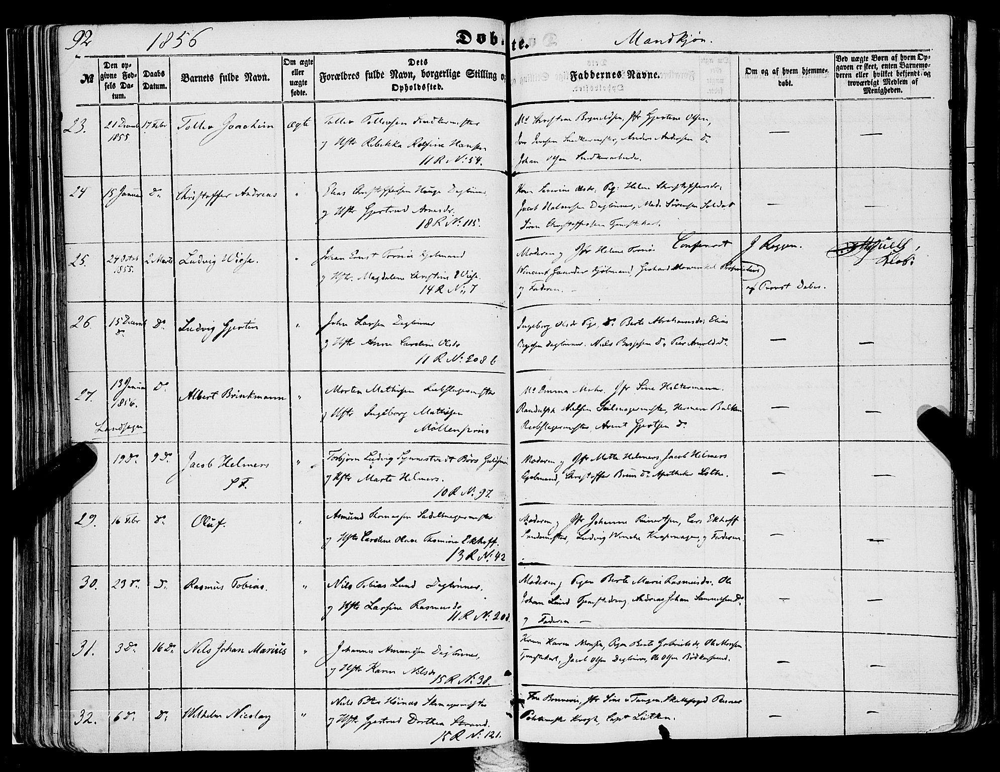 Domkirken sokneprestembete, AV/SAB-A-74801/H/Haa/L0020: Parish register (official) no. B 3, 1851-1859, p. 92