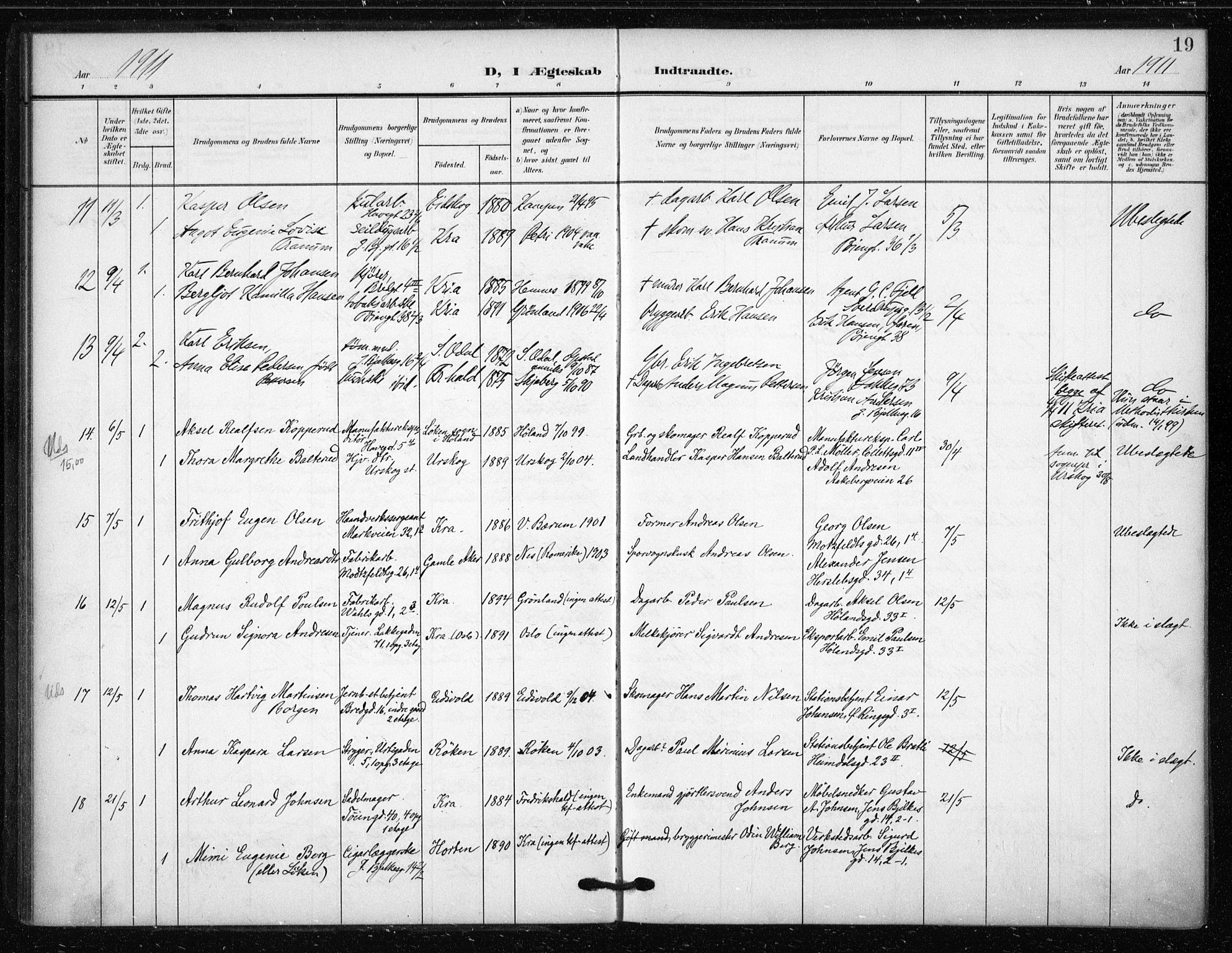 Tøyen prestekontor Kirkebøker, AV/SAO-A-10167a/F/Fa/L0002: Parish register (official) no. I 2, 1907-1916, p. 19