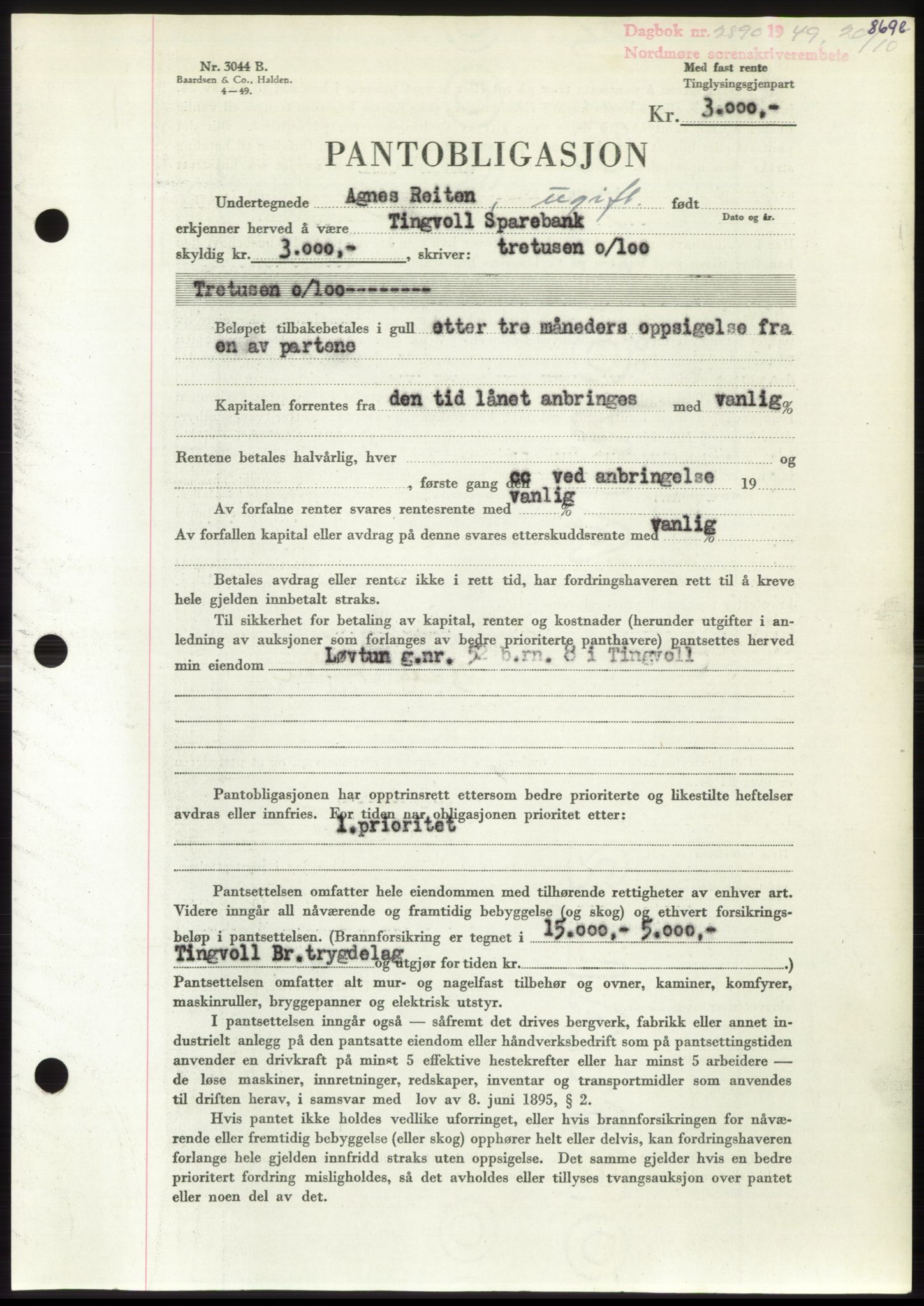 Nordmøre sorenskriveri, AV/SAT-A-4132/1/2/2Ca: Mortgage book no. B102, 1949-1949, Diary no: : 2890/1949